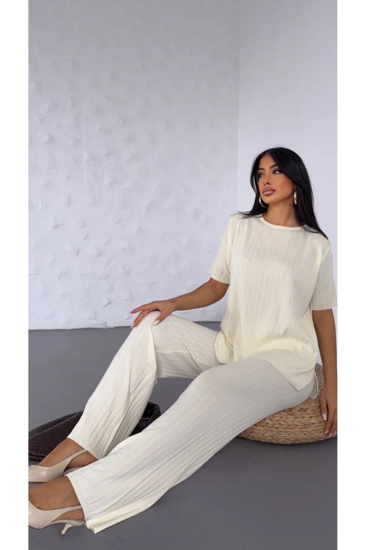 Noi Belis Bisiklet Yaka Fitilli Geniş Kalıp/Oversize Bluz Pantolon Yazlık Takım SS25AU0004