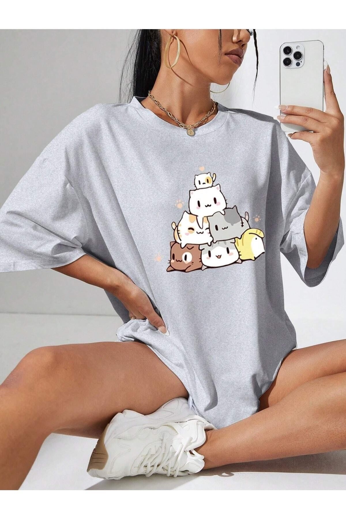 Hunors Sportswear & Company Cut Cats Baskılı Kadın / Kız Oversize Salas T-shirt Boyfriend