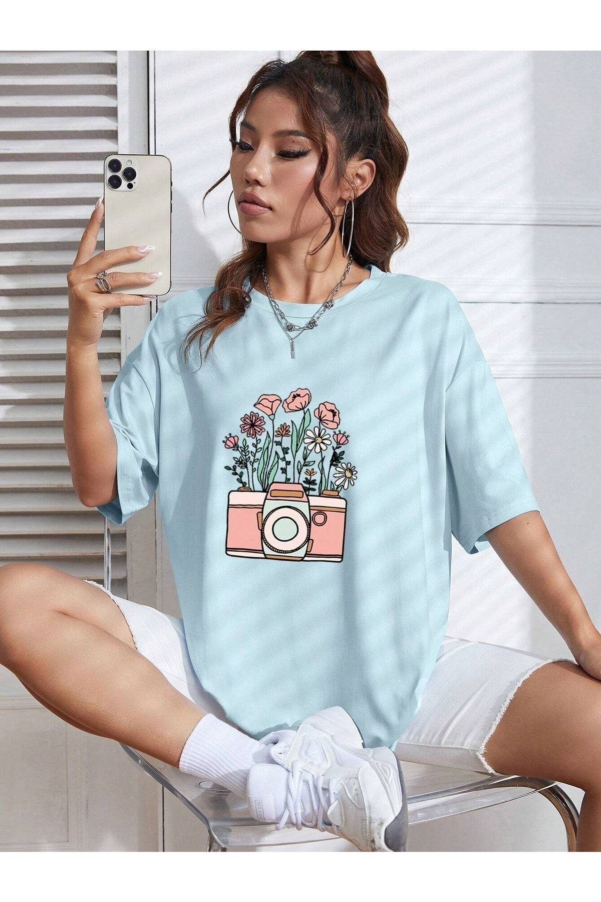 Hunors Sportswear & Company Kadın / Kız Fotoğraf Makinası Baskılı Oversize T-shirt Salaş Boyfirend
