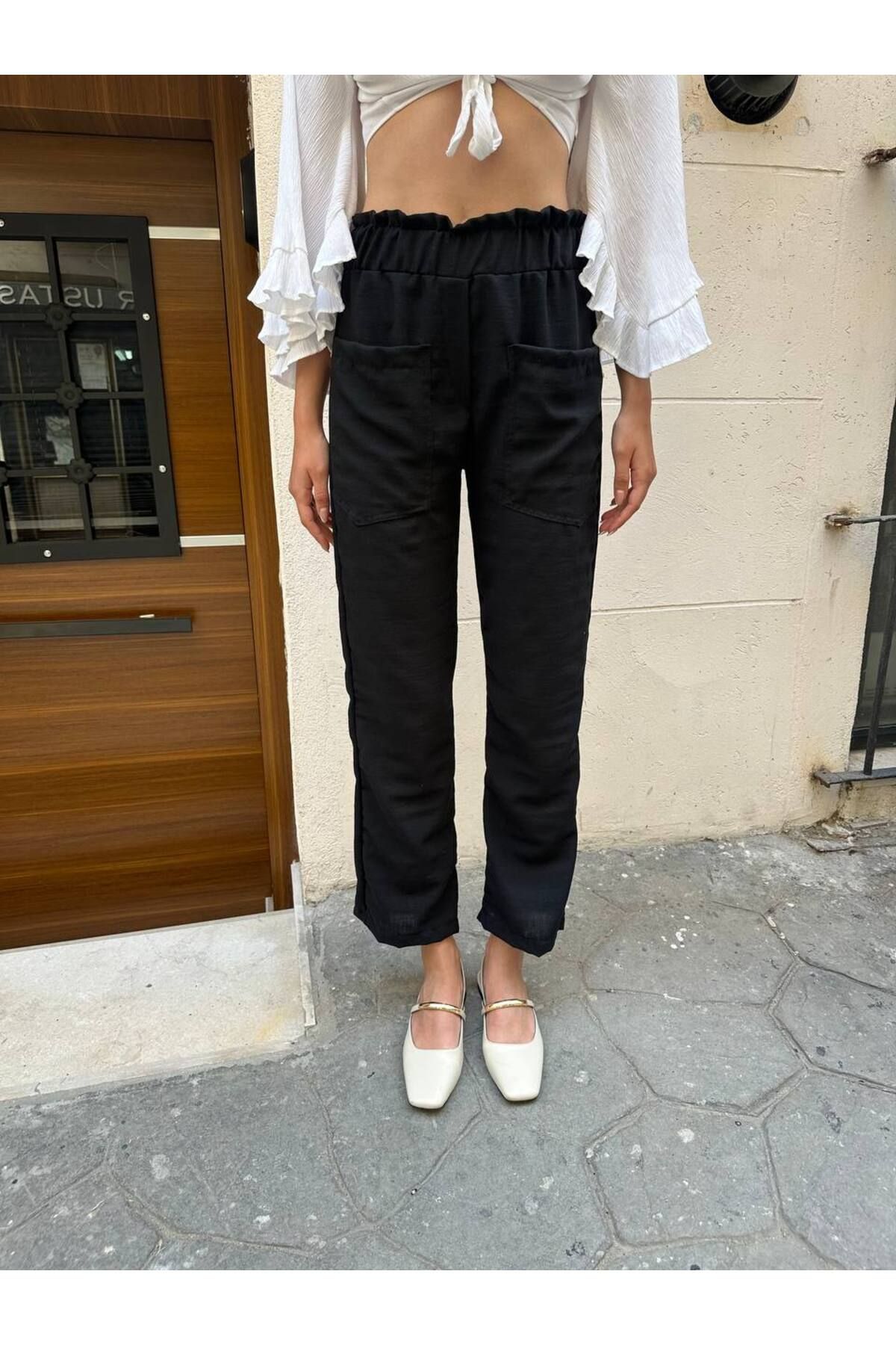 DENİKK X2512 beli lastikli kadın trend keten pantolon