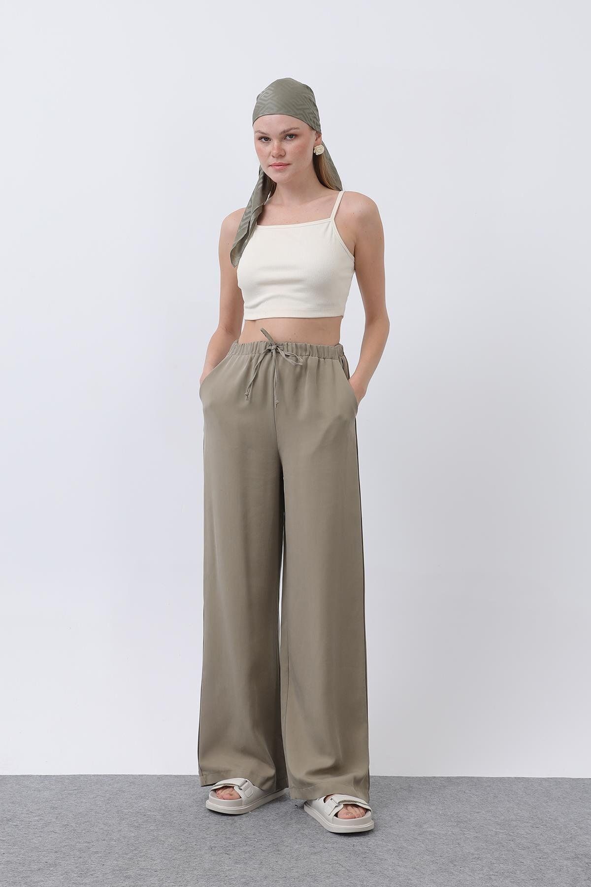Soul Kadın Bel Lastikli Yanları Biyeli Pantolon - 32231PNT - KHAKI