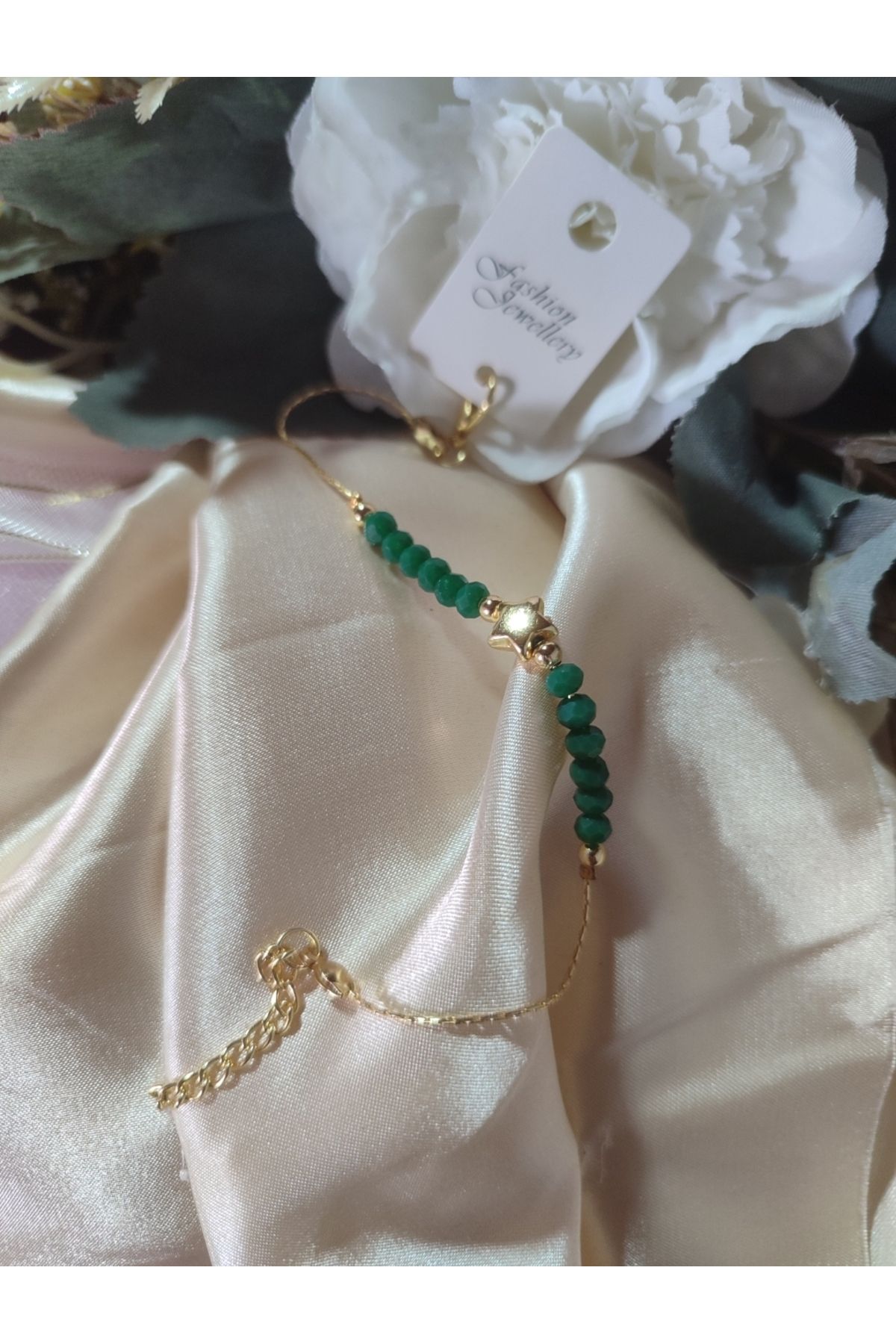 FASHİON JEWELRY Yıldız Motifli Yeşil Kristalimsi Boncuklu Çelik Bileklik