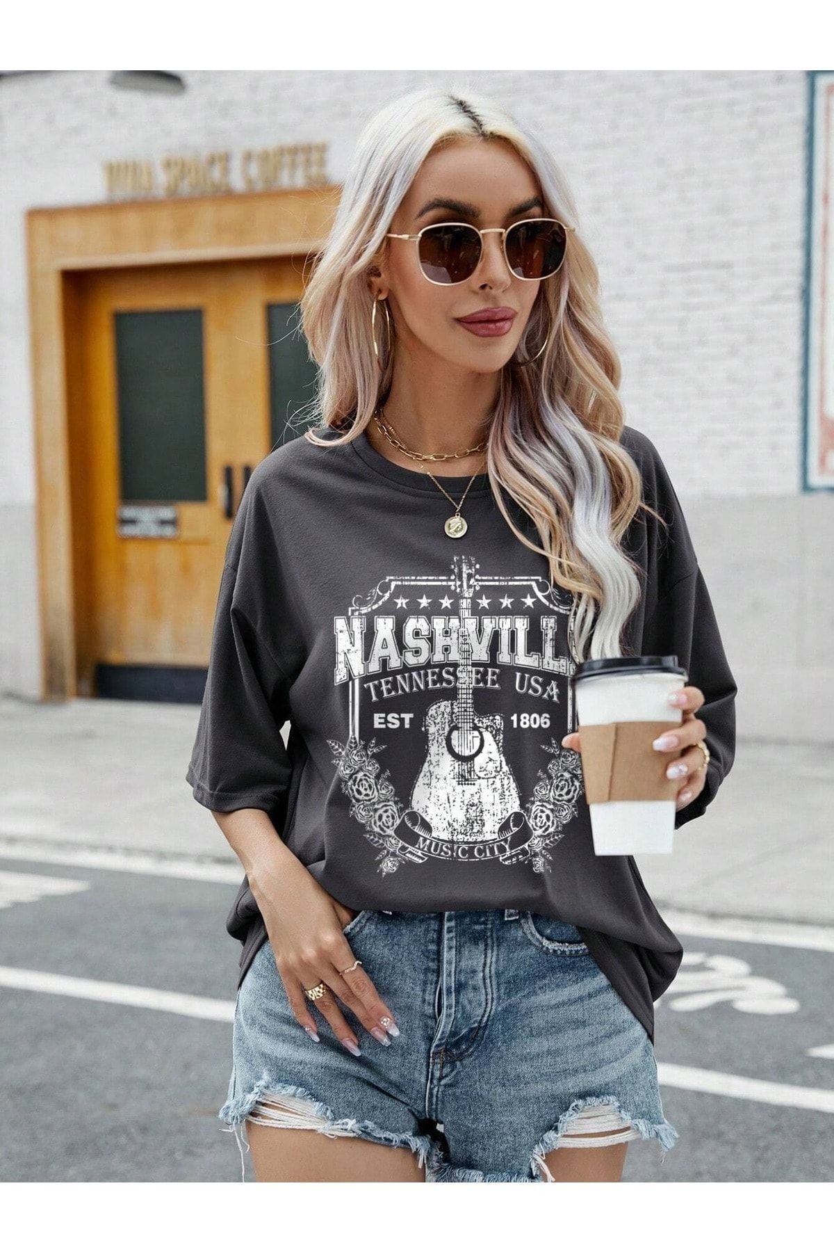 Boi Tennessee Baskılı Kadın / Kız Oversize Kahverengi T-shirt