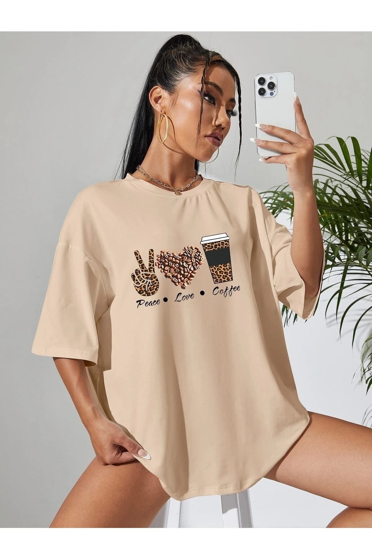 Hunors Sportswear & Company Kadın / Kız Love Coffe Baskılı Oversize T-shirt Salaş Boyfirend