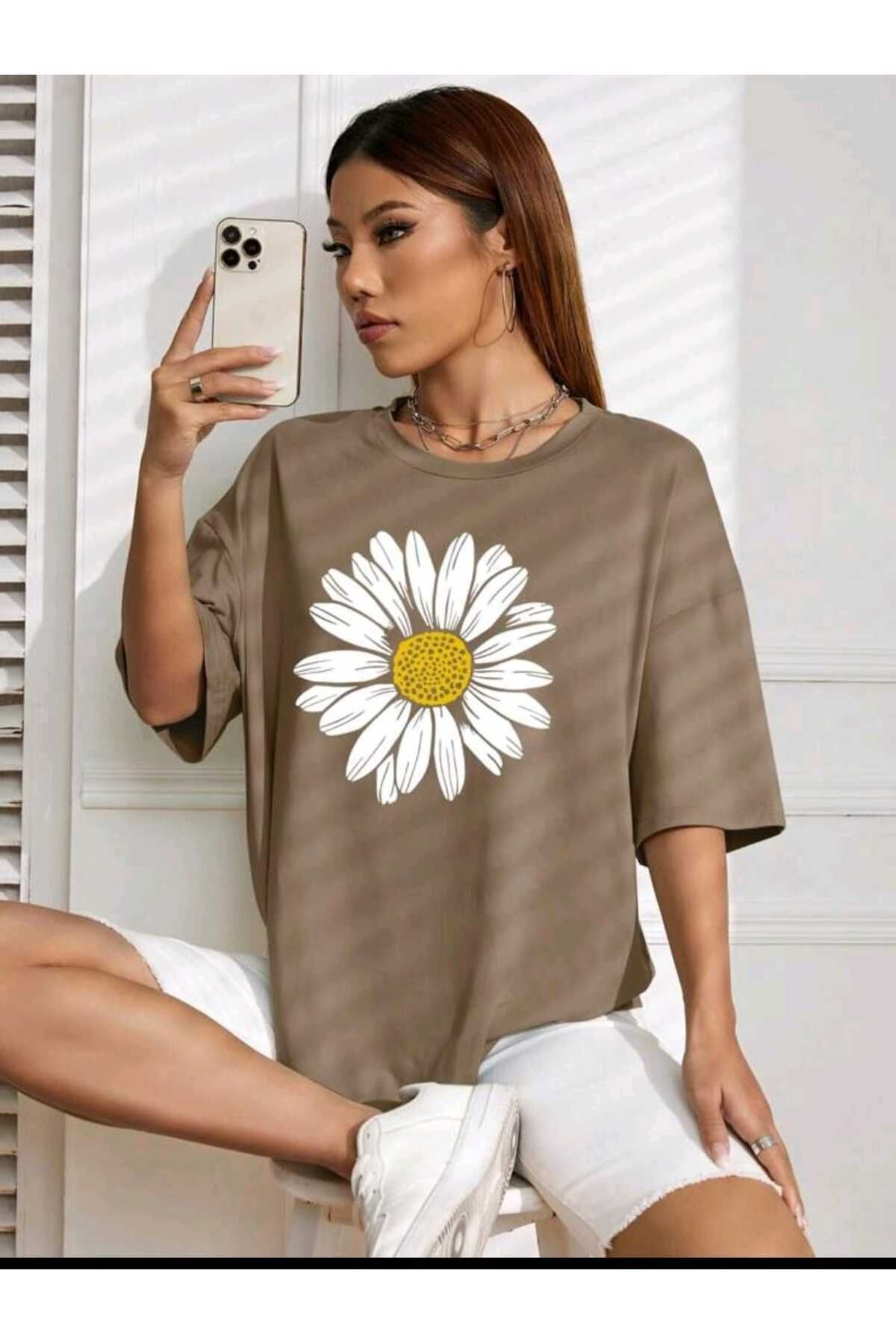 Hunors Sportswear & Company Papatya Baskılı Kadın / Kız Bej Oversize Salas T-shirt Boyfriend