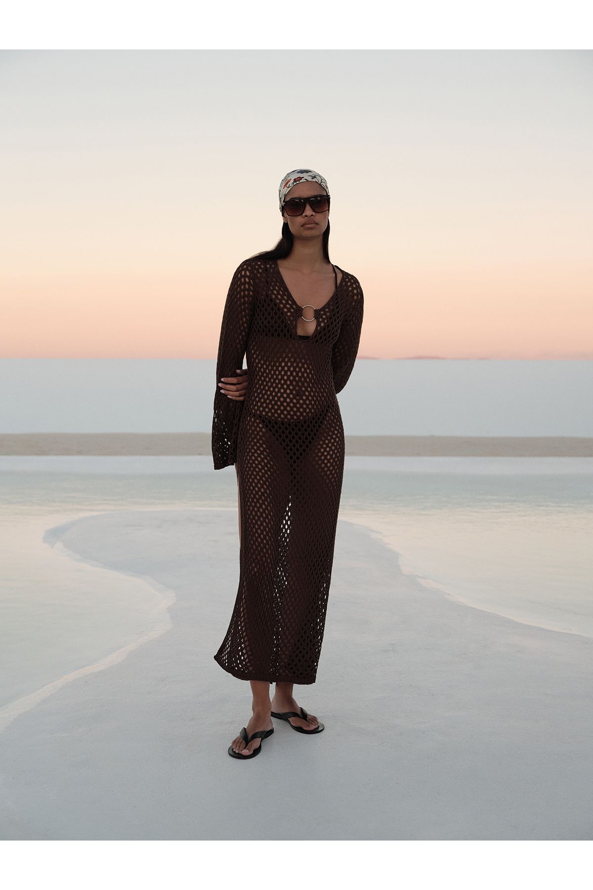 mathilda store Kadın Kahverengi Gloria Yırtmaç Detaylı Beachwear Elbise