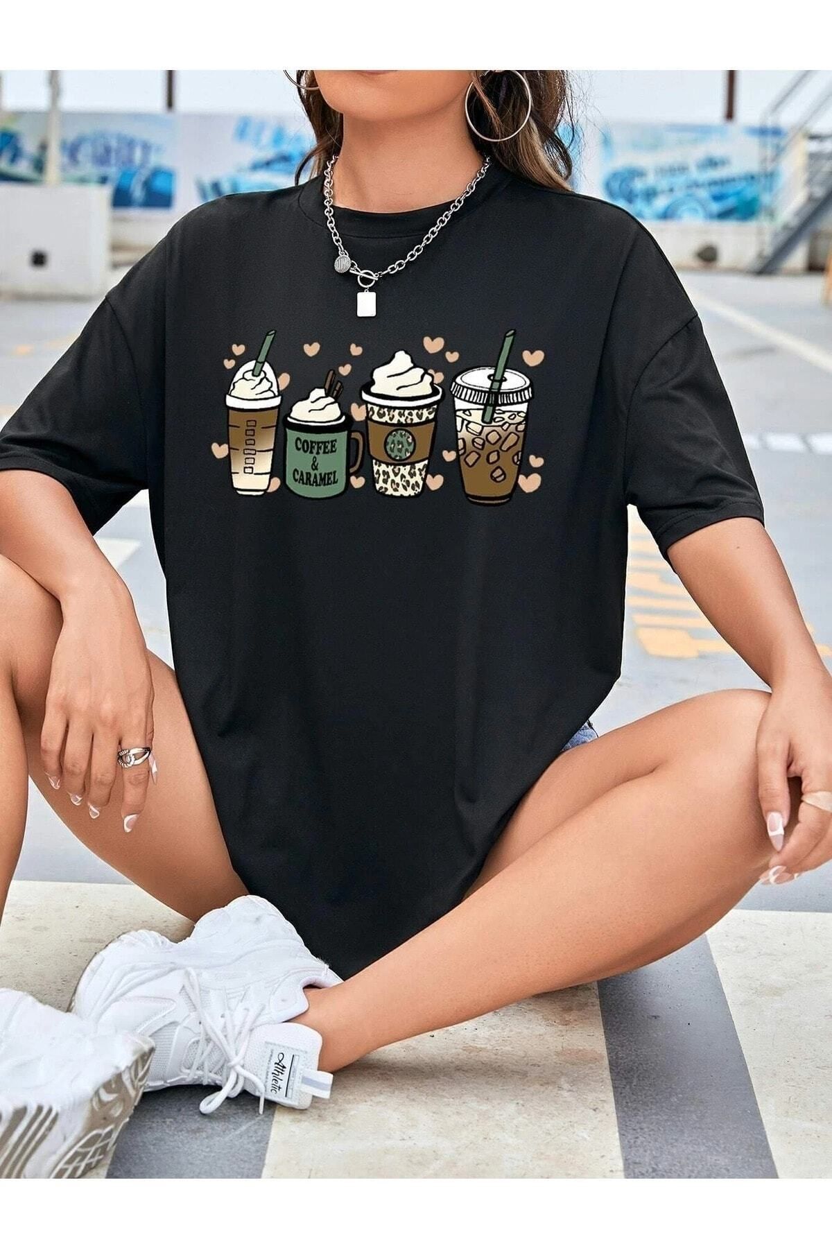 Hunors Sportswear & Company Coffee Caramel Baskılı Kadın / Kız Oversize T-shirt Salaş Boyfirend