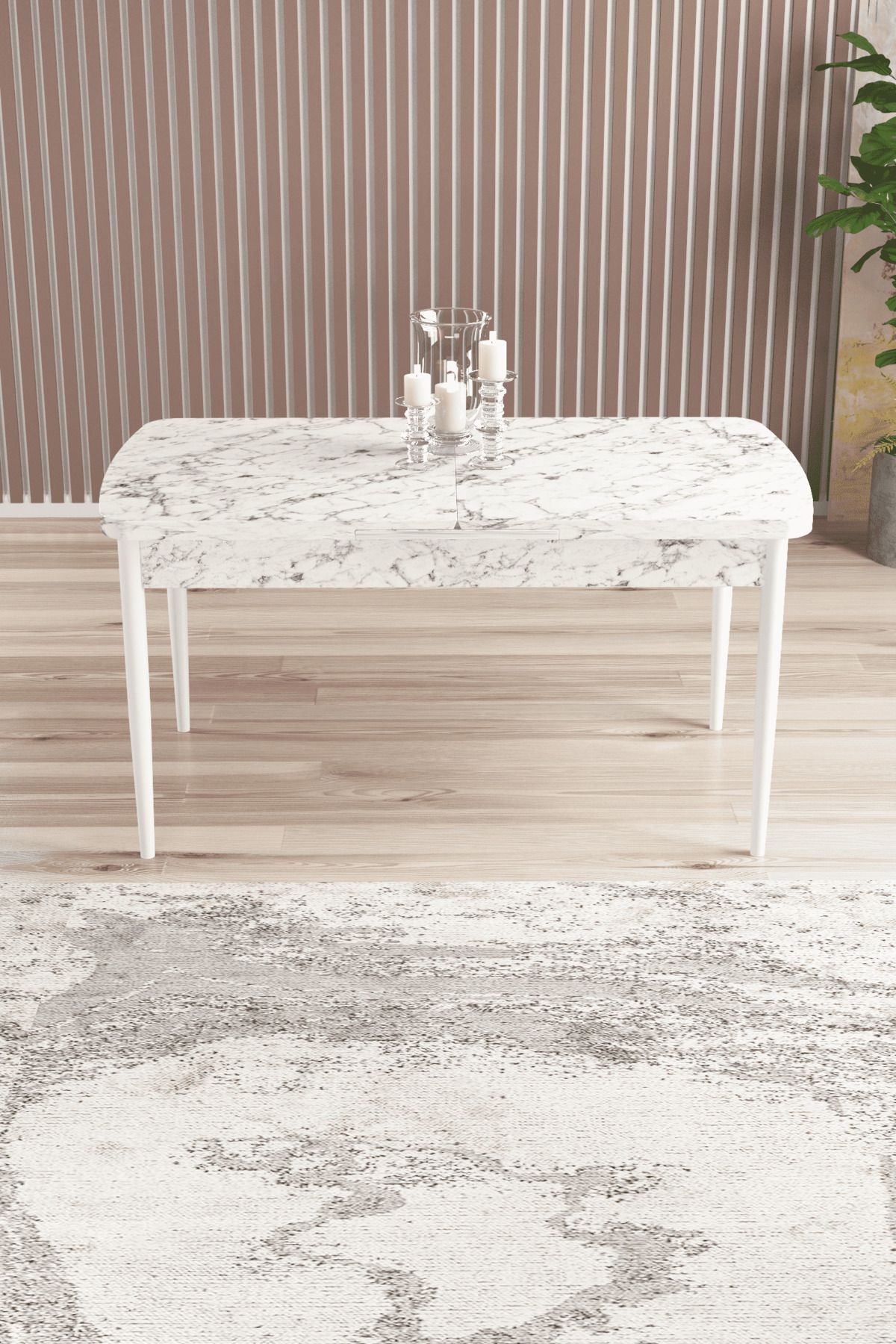 asaella mobilya Eylül Serisi 80x132 Açılabilir Suntalam Metal Ayak Beyaz Mermer Desen Mutfak Masası,Yemek Masası