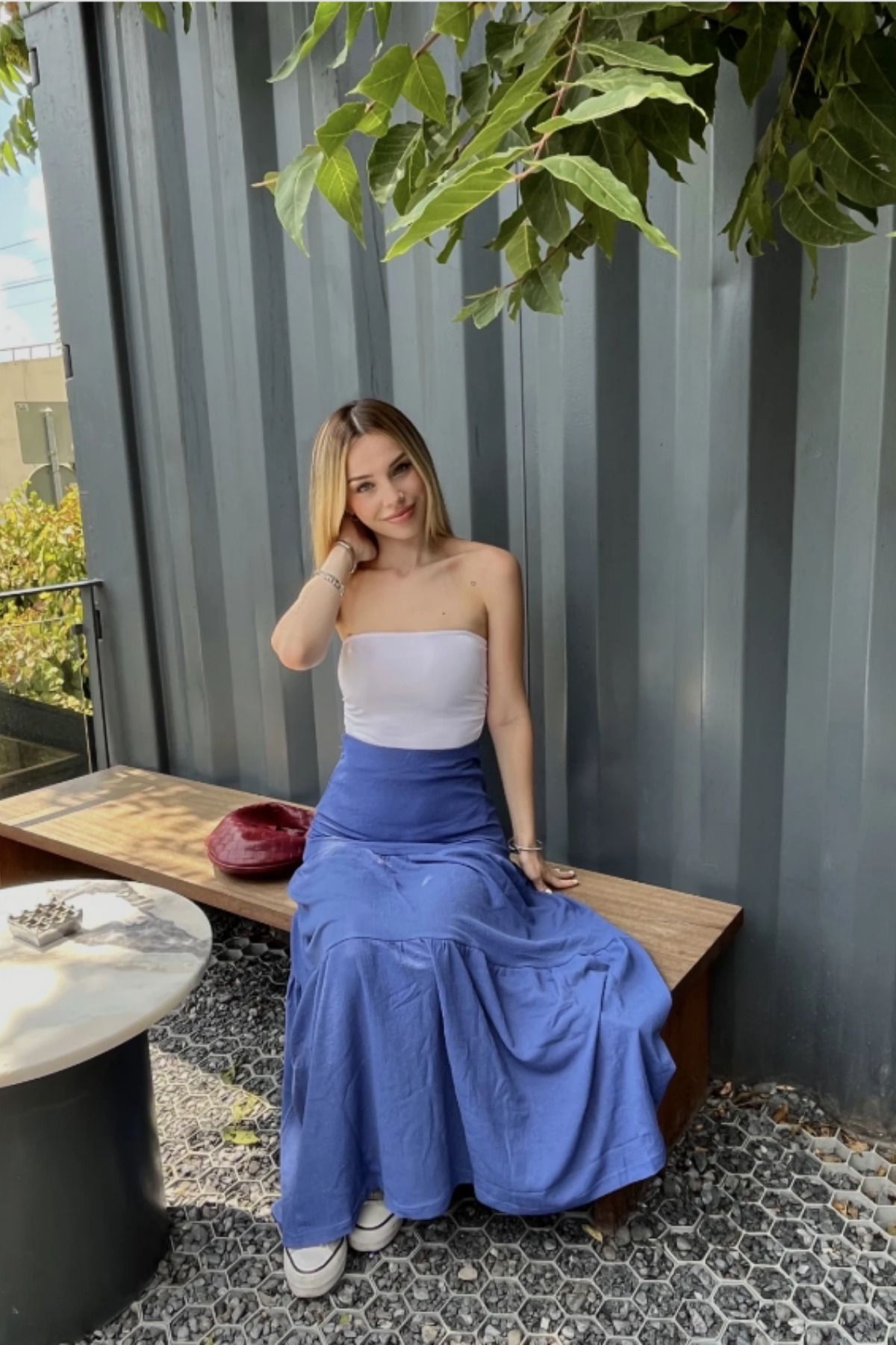 Tarz Cool Kadın Saks Yüksek Bel Volamlı Uzun Etek