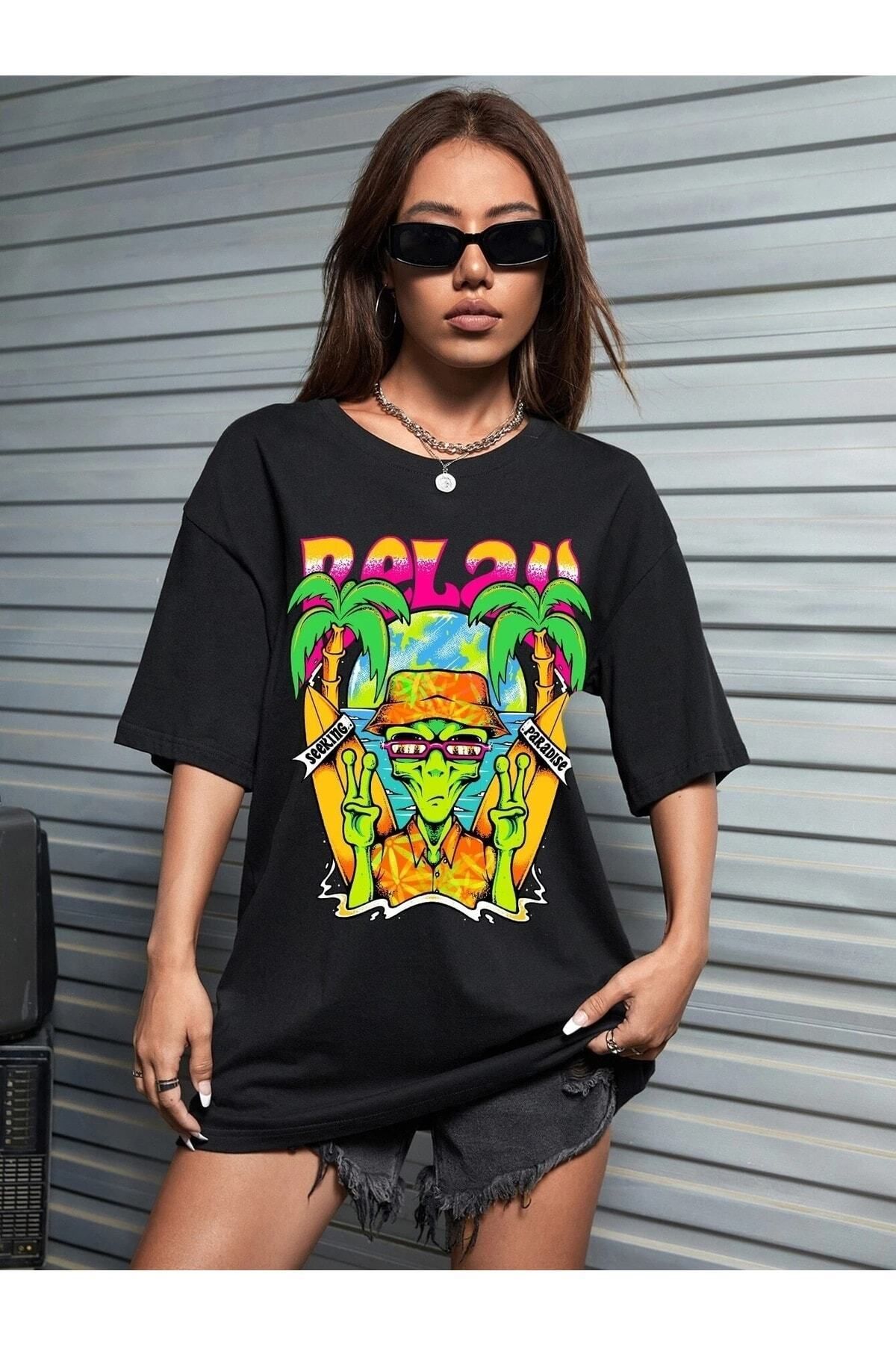 Hunors Sportswear & Company Kadın / Kız Siyah Oversize T-shirt Paradise Baskılı