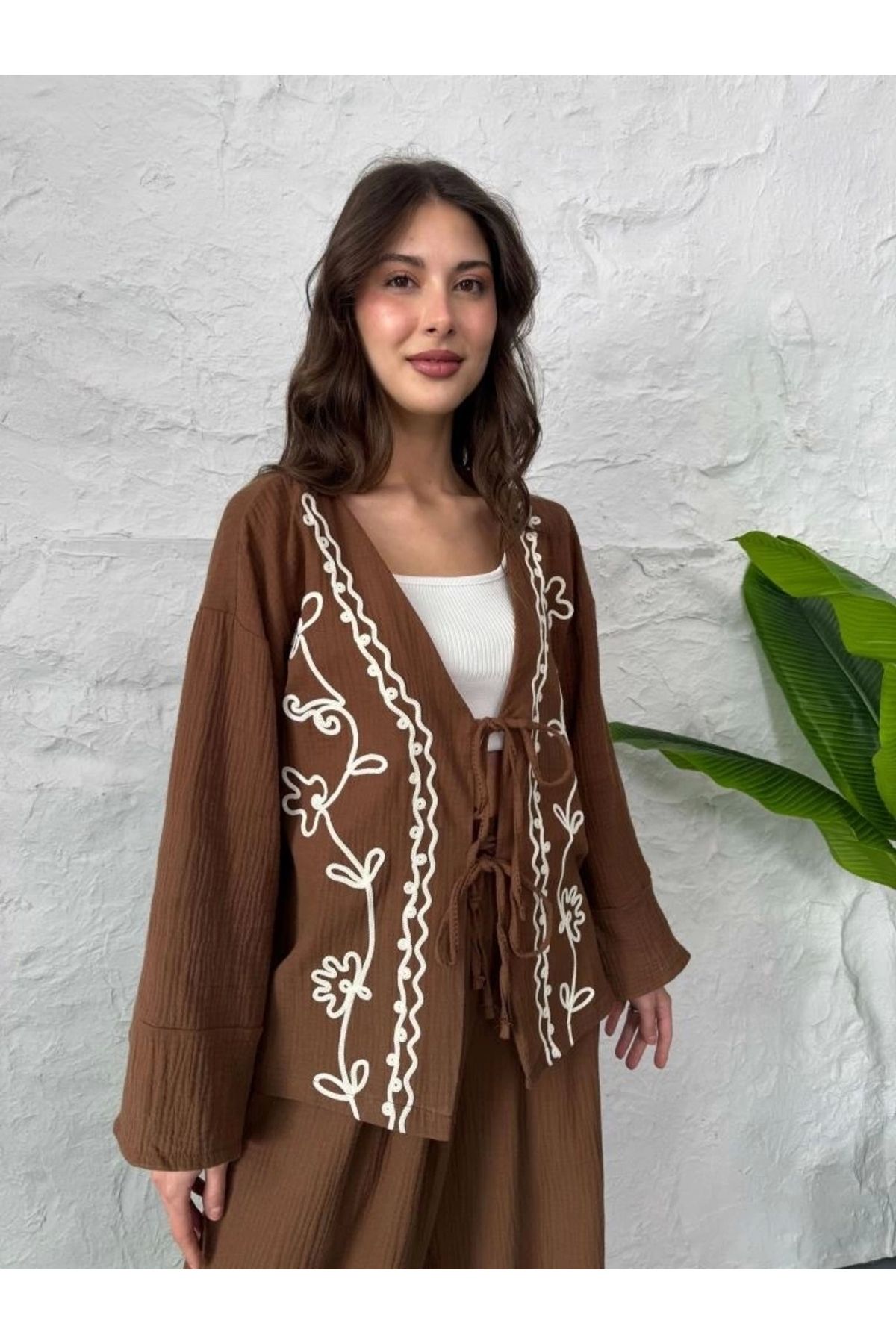 depo tekstil Kahve Nakış İşlemeli Müslin Kimono