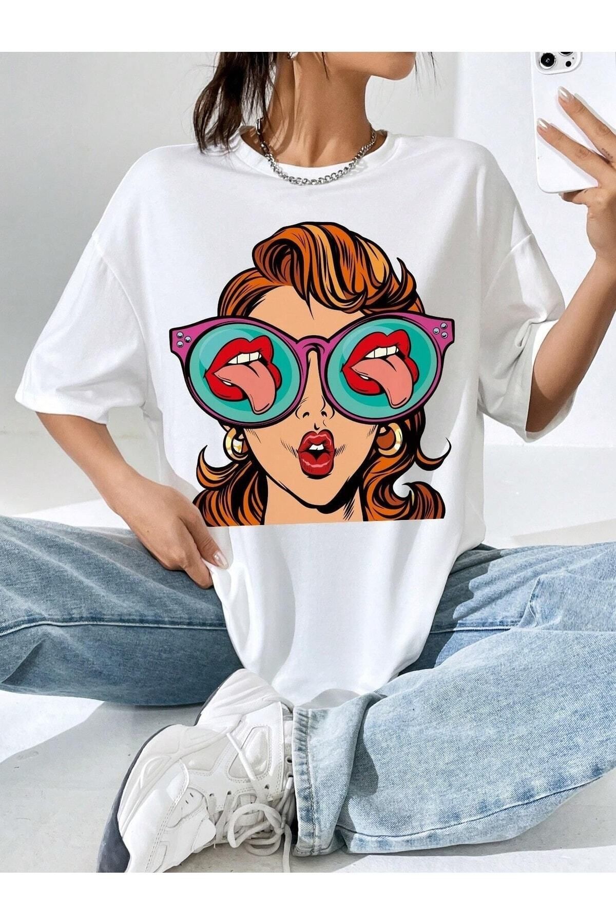 Hunors Sportswear & Company Kadın / Kız Pop Art Face Baskılı Oversize T-shirt Salas Boyfriend