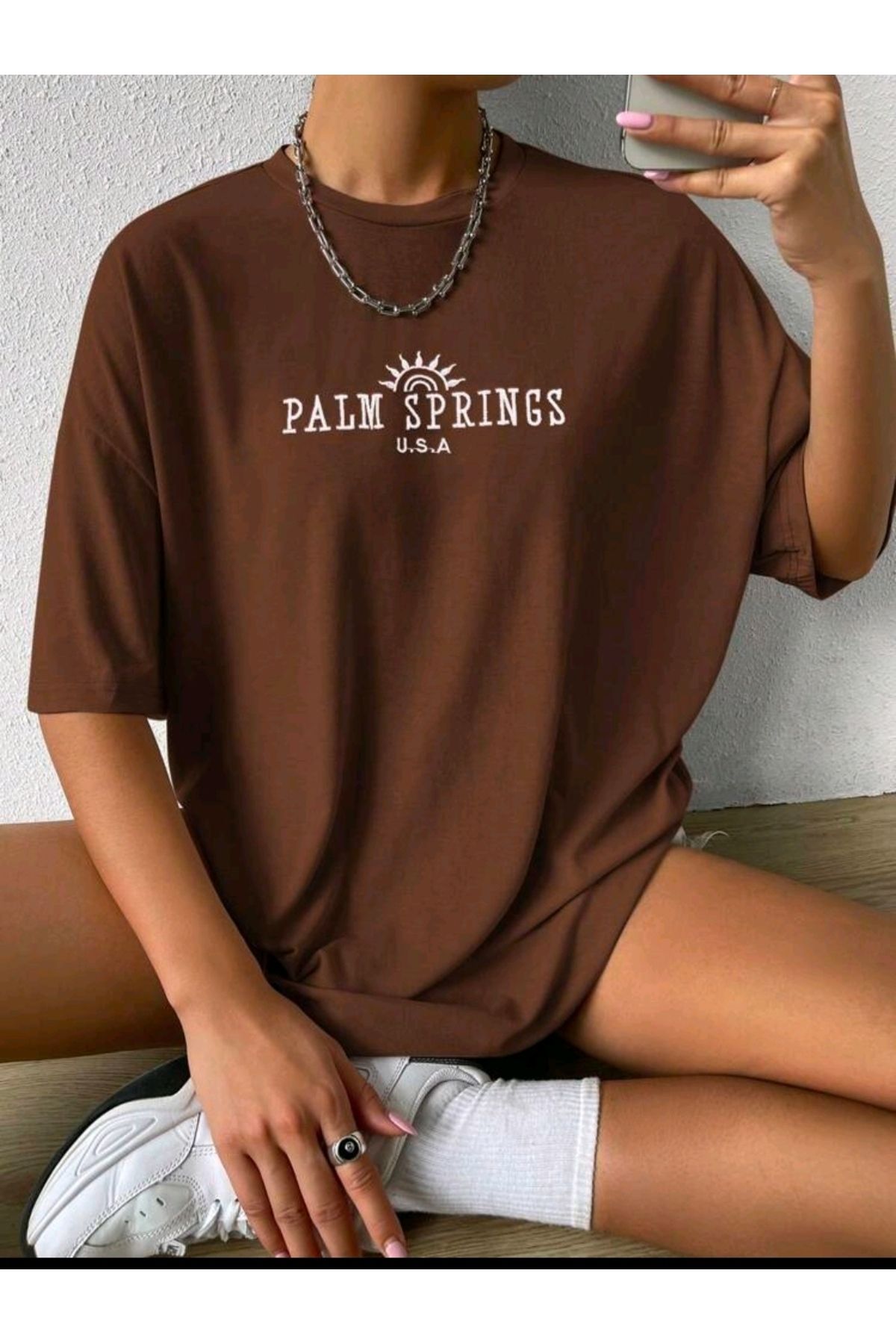 Boi Kadın / Kız Palm Sprıngs U-s-a Baskılı Oversize Salaş T-shirt Boyfriend