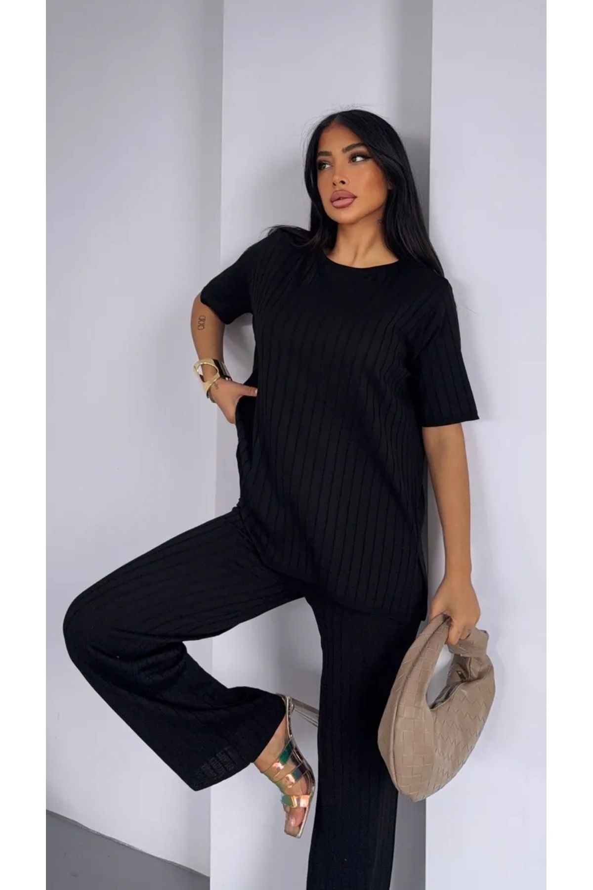 Noi Belis Bisiklet Yaka Fitilli Geniş Kalıp/Oversize Bluz Pantolon Yazlık Takım SS25AU0004