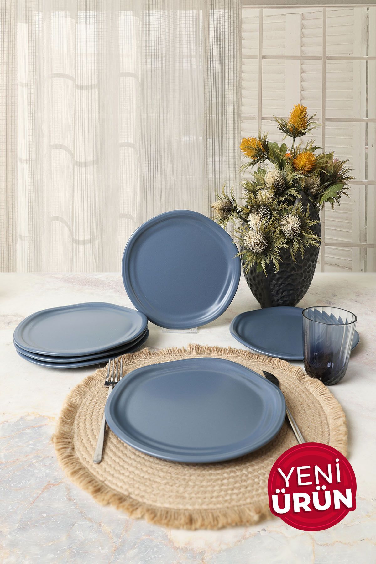 Keramika Mat Mavi Bloom Pasta Tabağı 24 Cm 6 Adet 399
