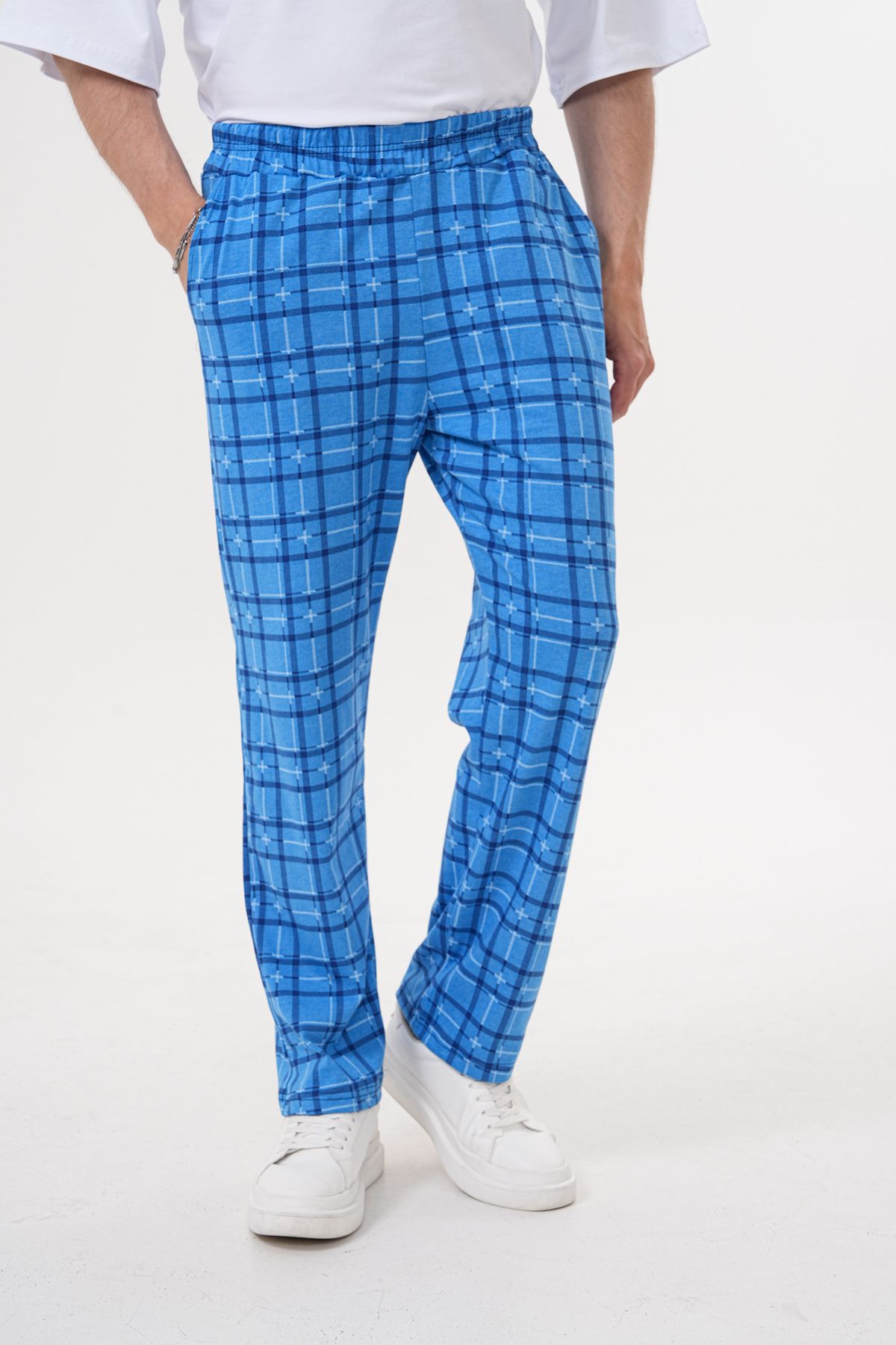 Pijamasoft Erkek Pamuklu Cepli Ekose Baskılı Beli Lastikli Şık Yazlık Pijama Altı Saks Mavi 07