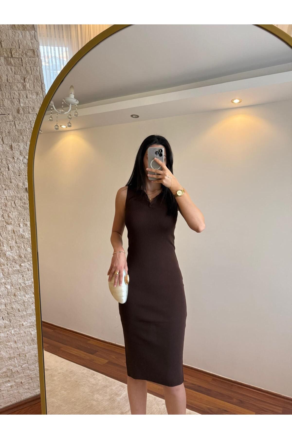 Mihri Atelier Butik kahverengi midi boy elbise
