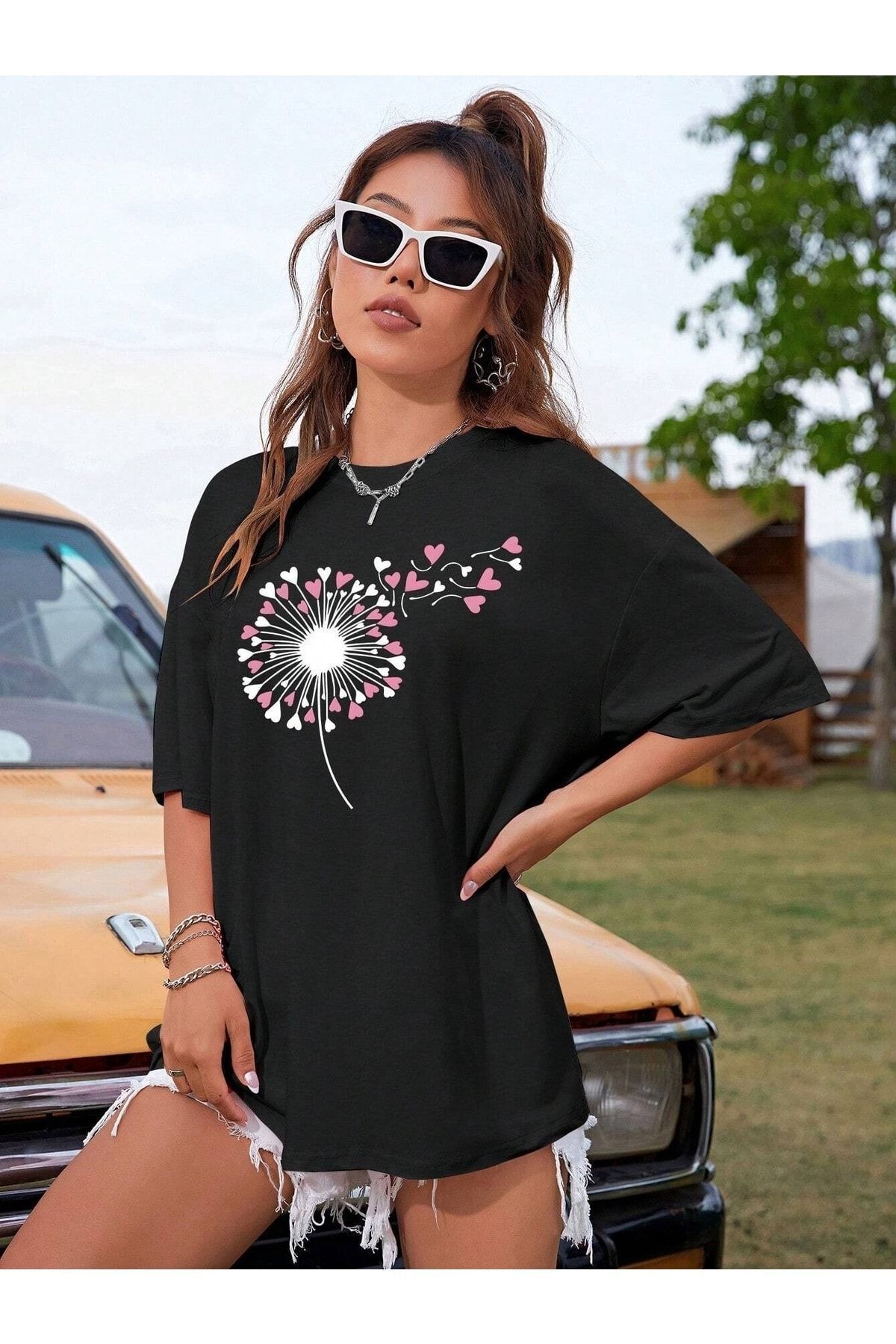 Hunors Sportswear & Company Kadın / Kız Karahindiba Baskılı Oversize T-shirt Salaş Boyfirend