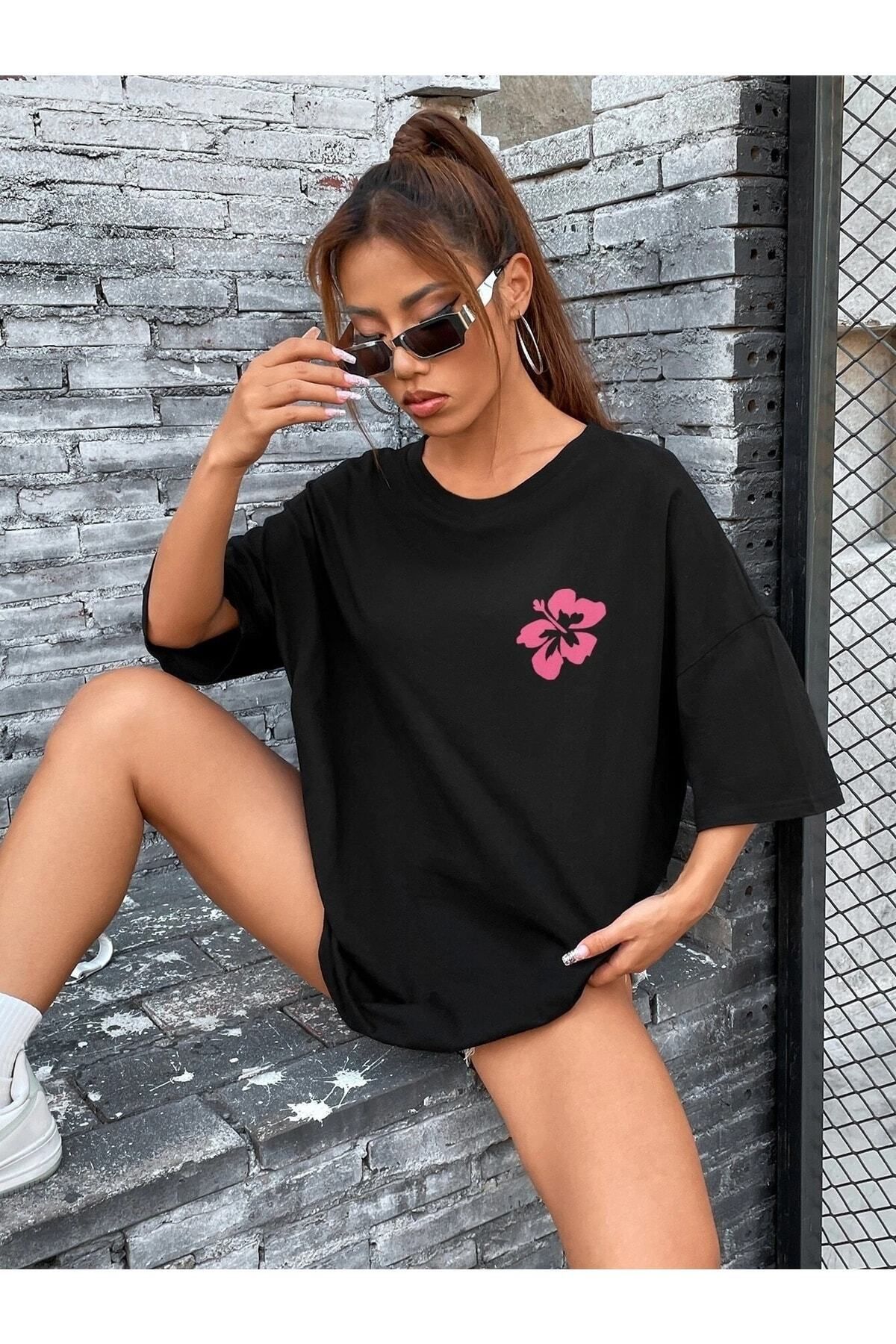 Boi Kadın / Kız Hibiscus Baskılı Siyah Oversize T-shirt Salaş Boyfirend