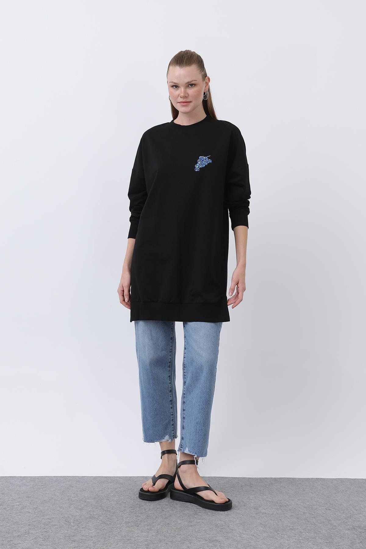 Puane Kadın Önü Üzüm Arkası Meyveli Nakışlı Tunik - 10653TUN - BLACK