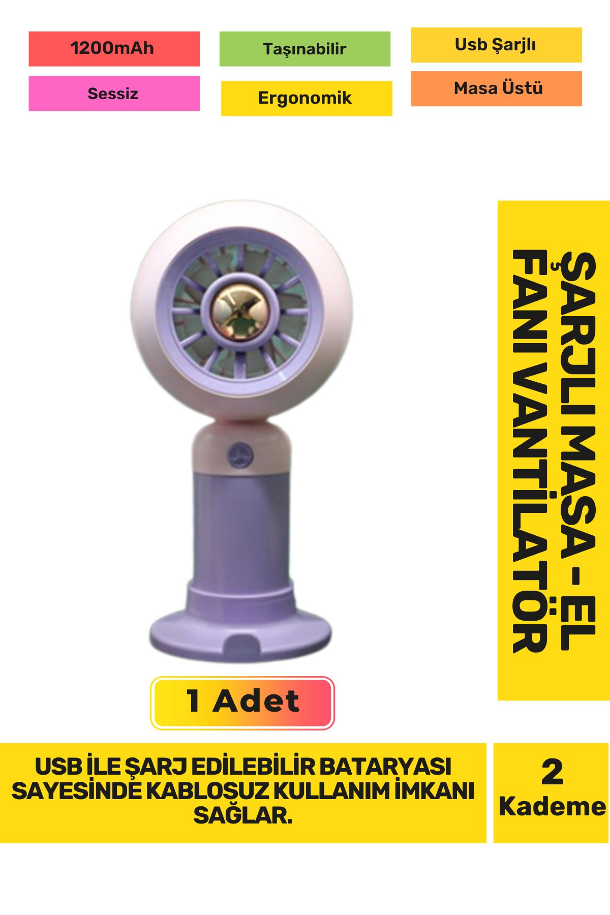 Fantazer Ultra Sessiz 2 Kademeli Hafif Kablosuz 1200mAh Pervaneli Taşınabilir Usb Şarj Masa El Fan Vantilatör