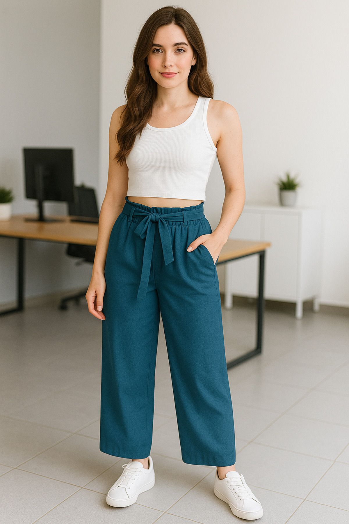 Hayalet Özel Tasarım Beli Lastikli Yandan Cepli Bol Paça Keten Pantolon - M/XL