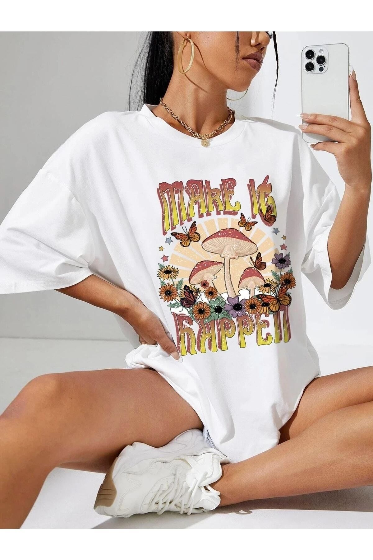 Hunors Sportswear & Company Kadın / Kız Beyaz Oversize T-shirt Make Is Happey Baskılı
