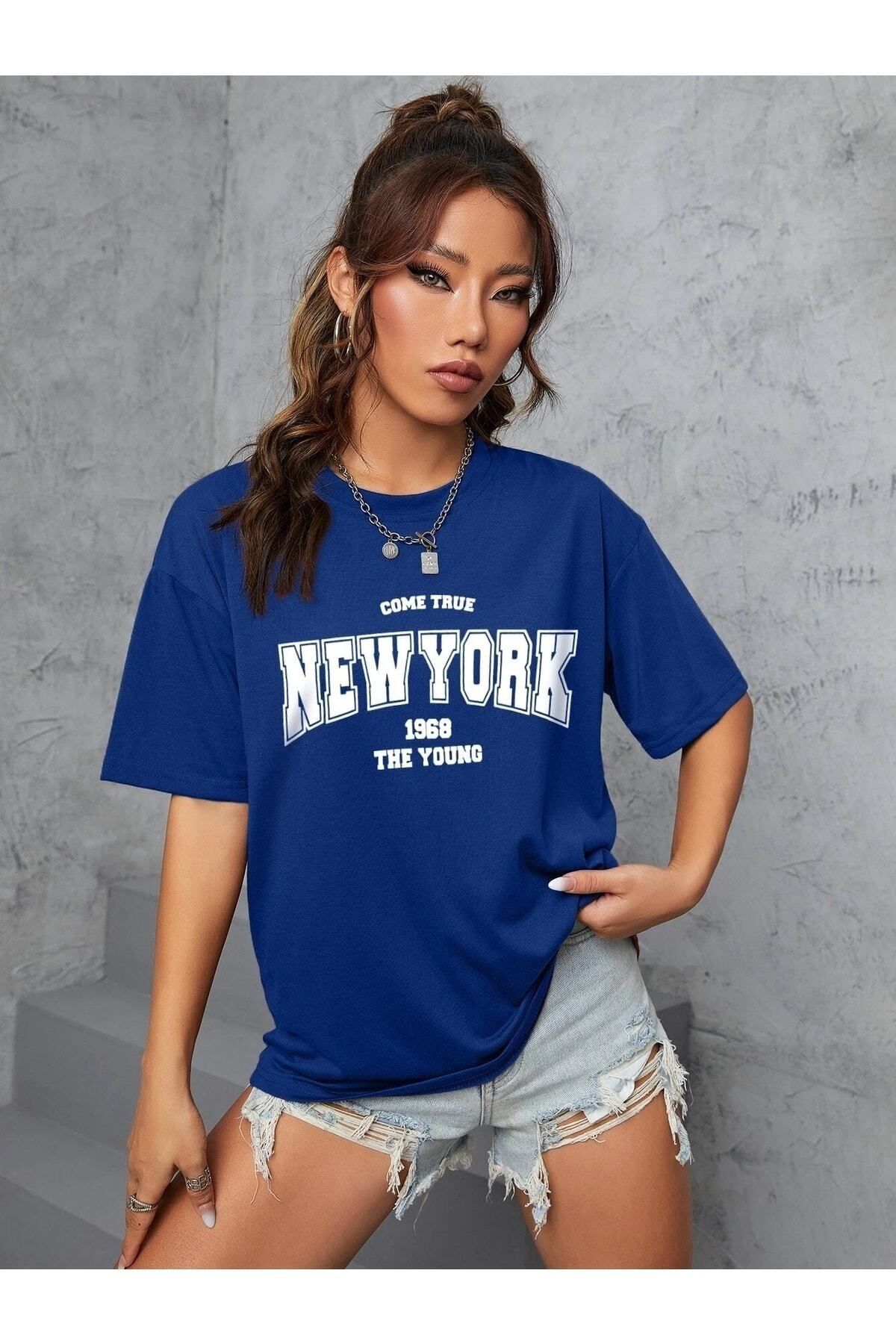 Boi New York 1968 Baskılı Kadın / Kız Oversize Salas T-shirt Boyfriend