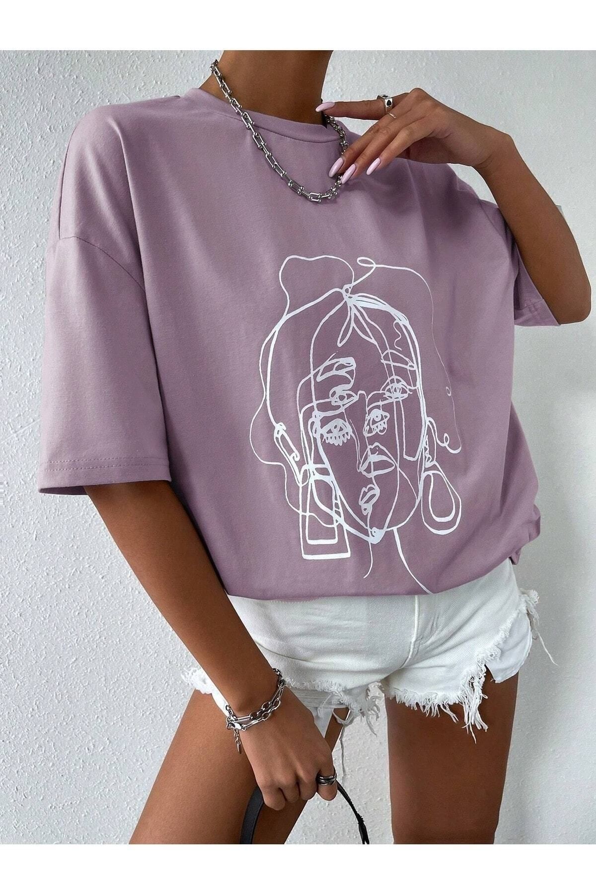 Boi Çizgi Yüz Baskılı Kadın / Kız Oversize T-shirt Salaş Boyfirend