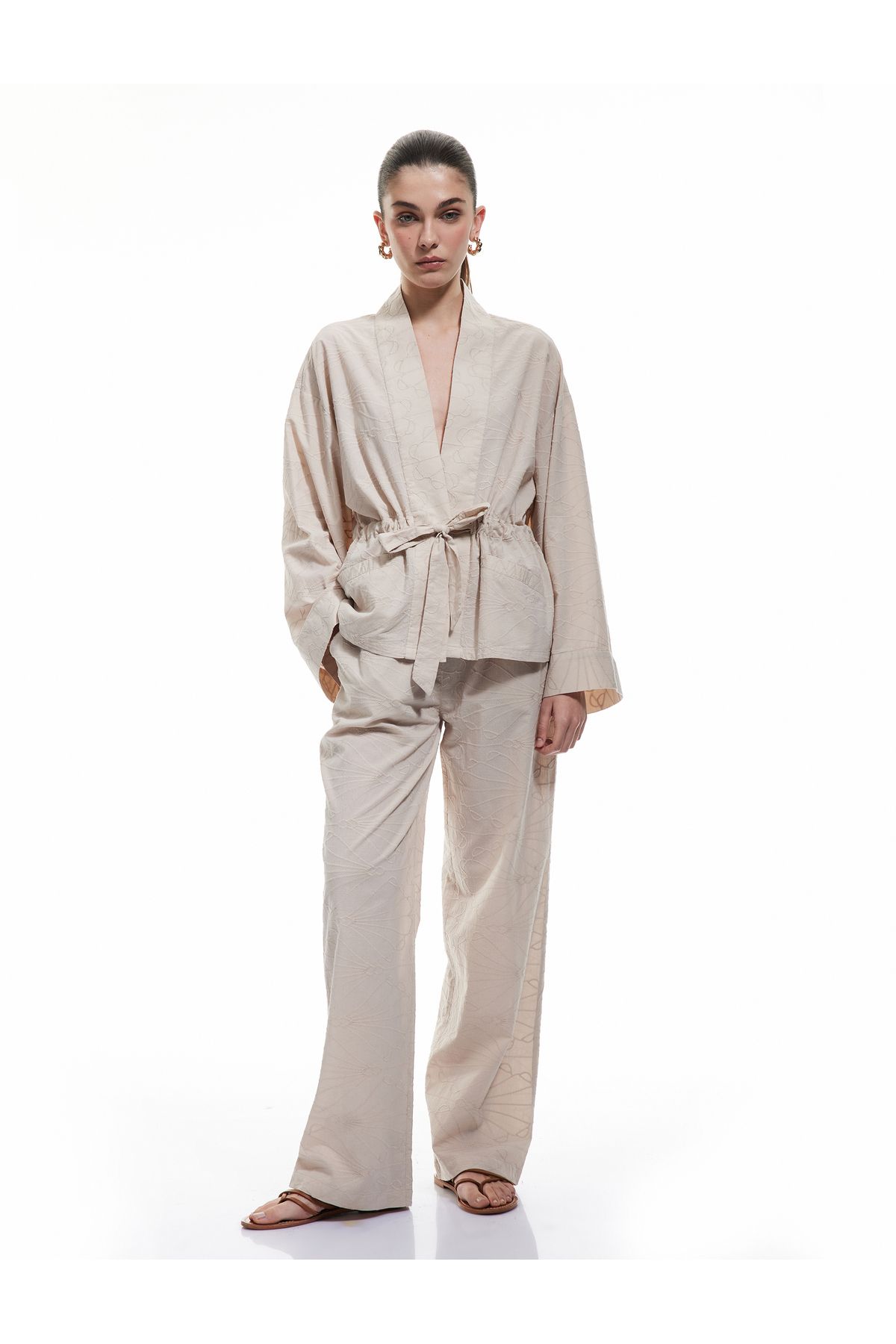 Koton-Cotton Pocketed Scalloped Embroidered Plain Wide Leg Trousers 2