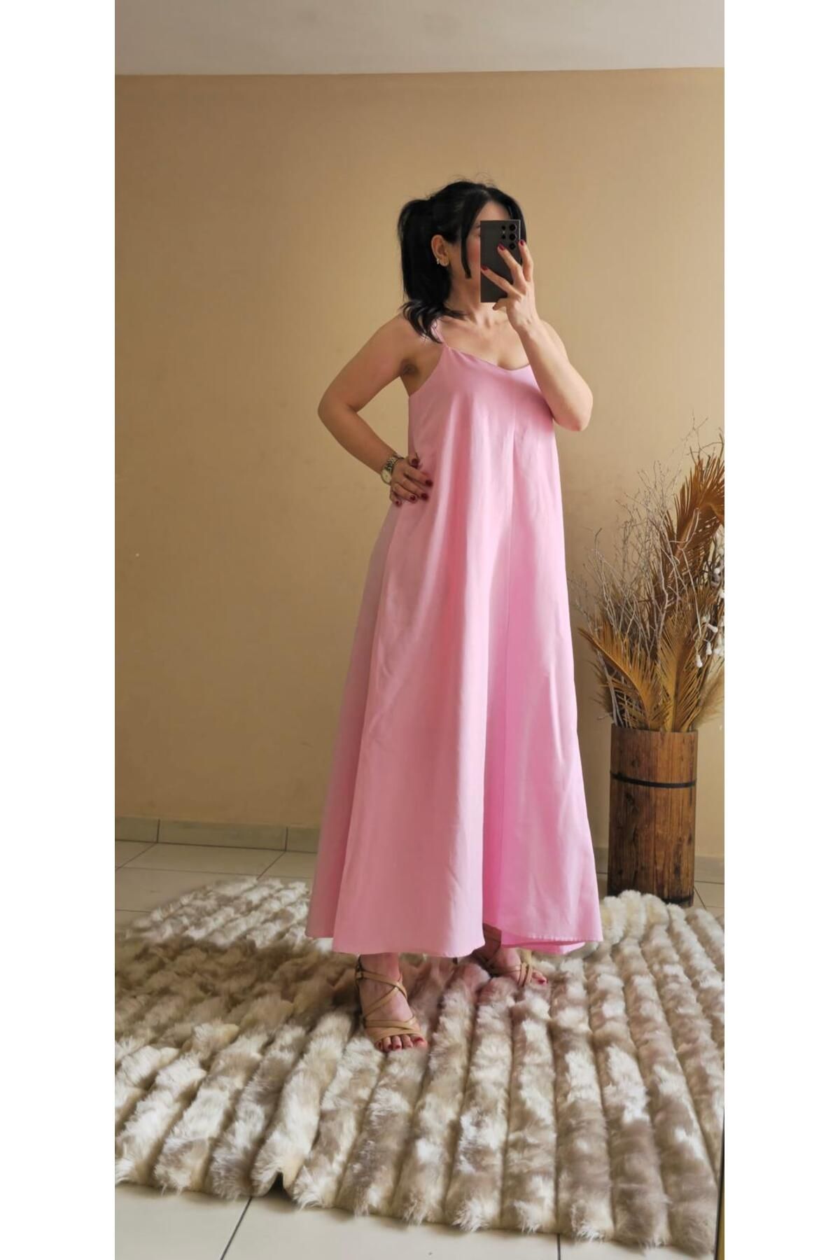 FEMİNEER.com PEMBE UZUN ASKILI ELBİSE