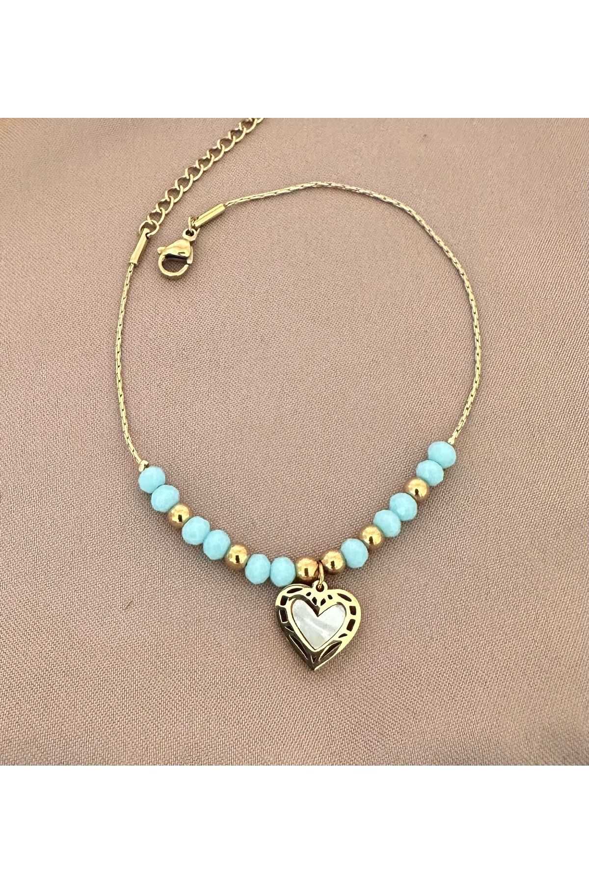 lolajewelry luxury steel dorika mavi boncuklu kalp figürlü mercanlı gold renk çelik Halhal