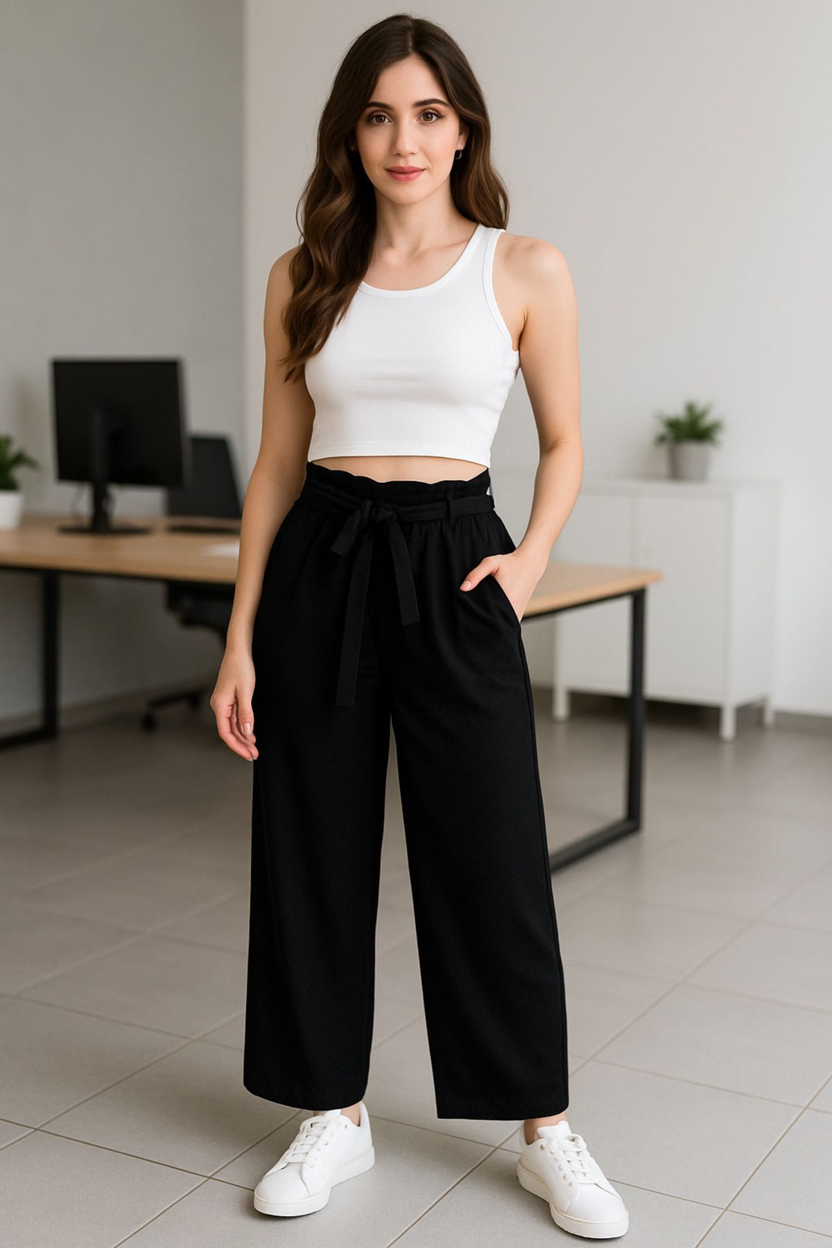 Hayalet Özel Tasarım Beli Lastikli Yandan Cepli Bol Paça Keten Pantolon - M/XL