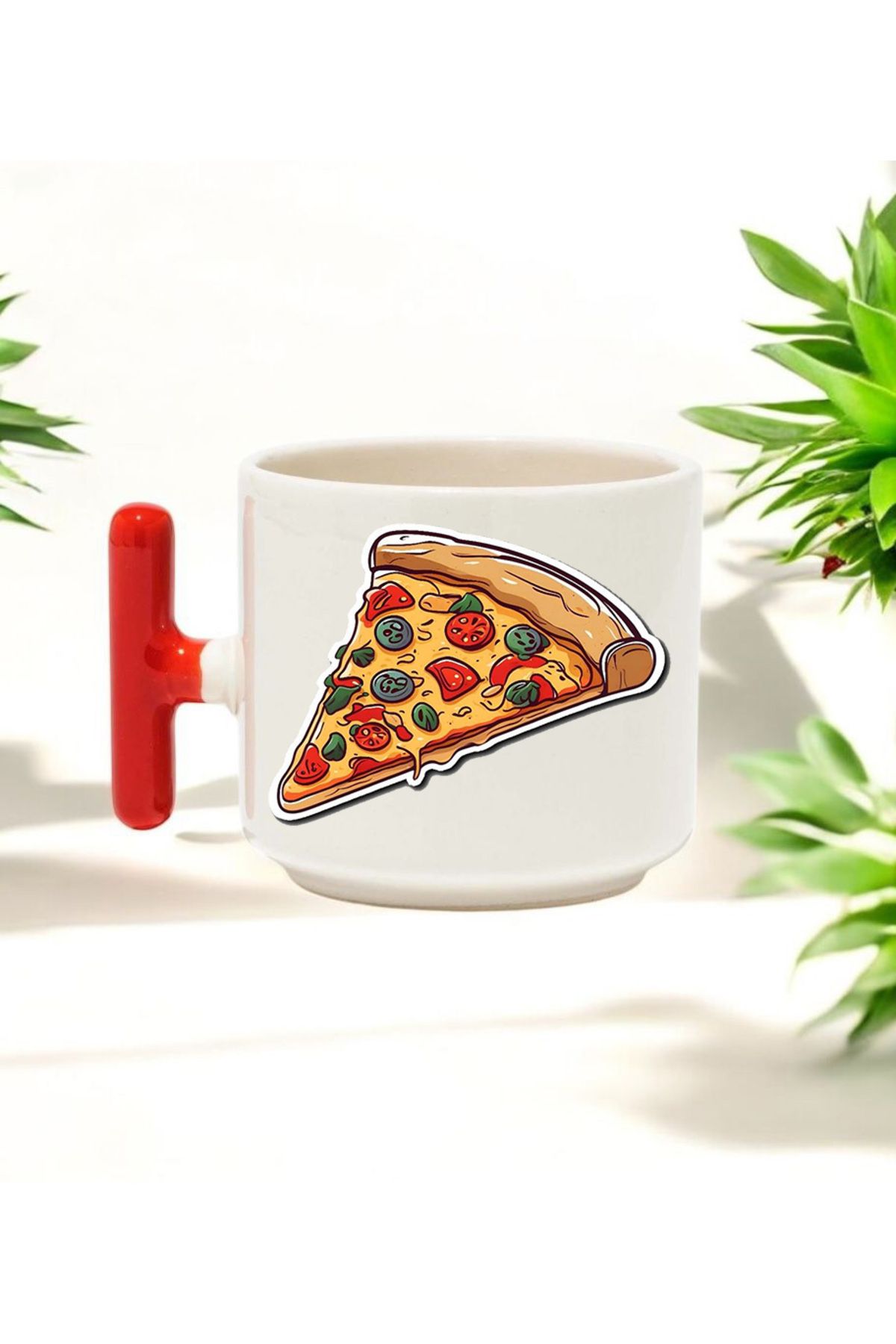 BB TRADE Pizza Tasarımlı Kırmızı T Kulplu Seramik Baskılı Kupa Bardak 250 ML