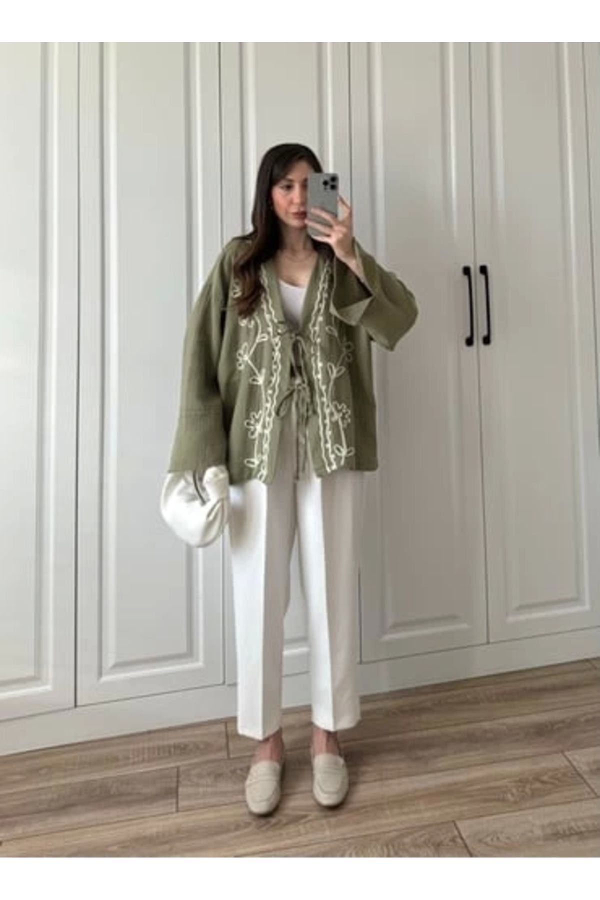 depo tekstil Haki Nakış İşlemeli Müslin Kimono