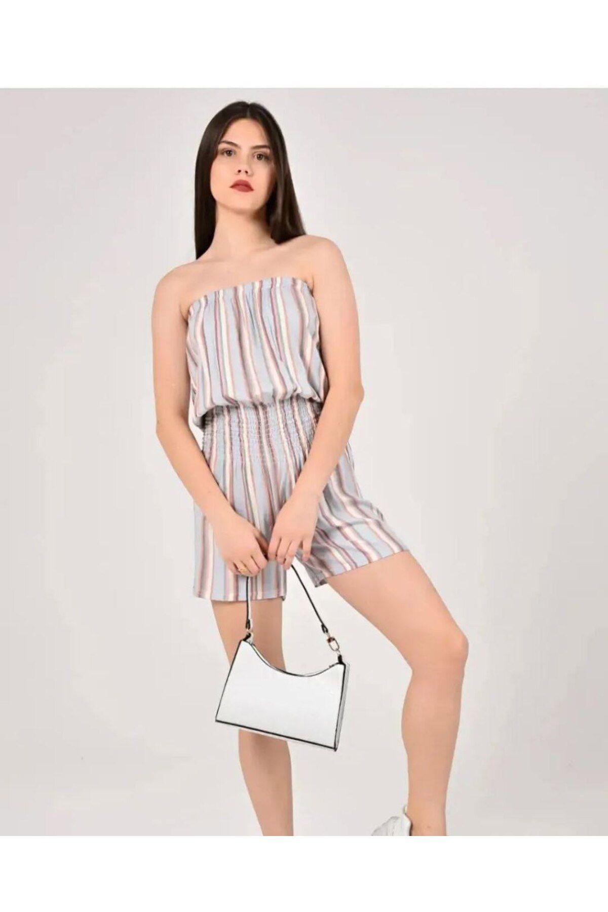 MODA ÇİZGİLİ STRAPLEZ ŞORT TULUM STANDART BEDEN TULUM 36-42 bedenler arası uyumlu