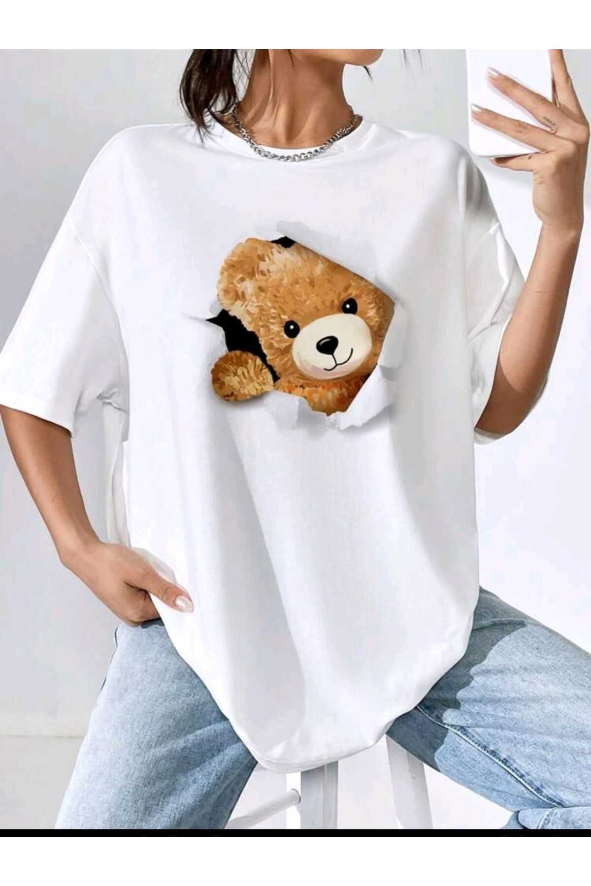 Boi Kadın / Kız Sevimli Ayı Baskılı Oversize Salaş Beyaz T-shirt Ünisex Boyfirend