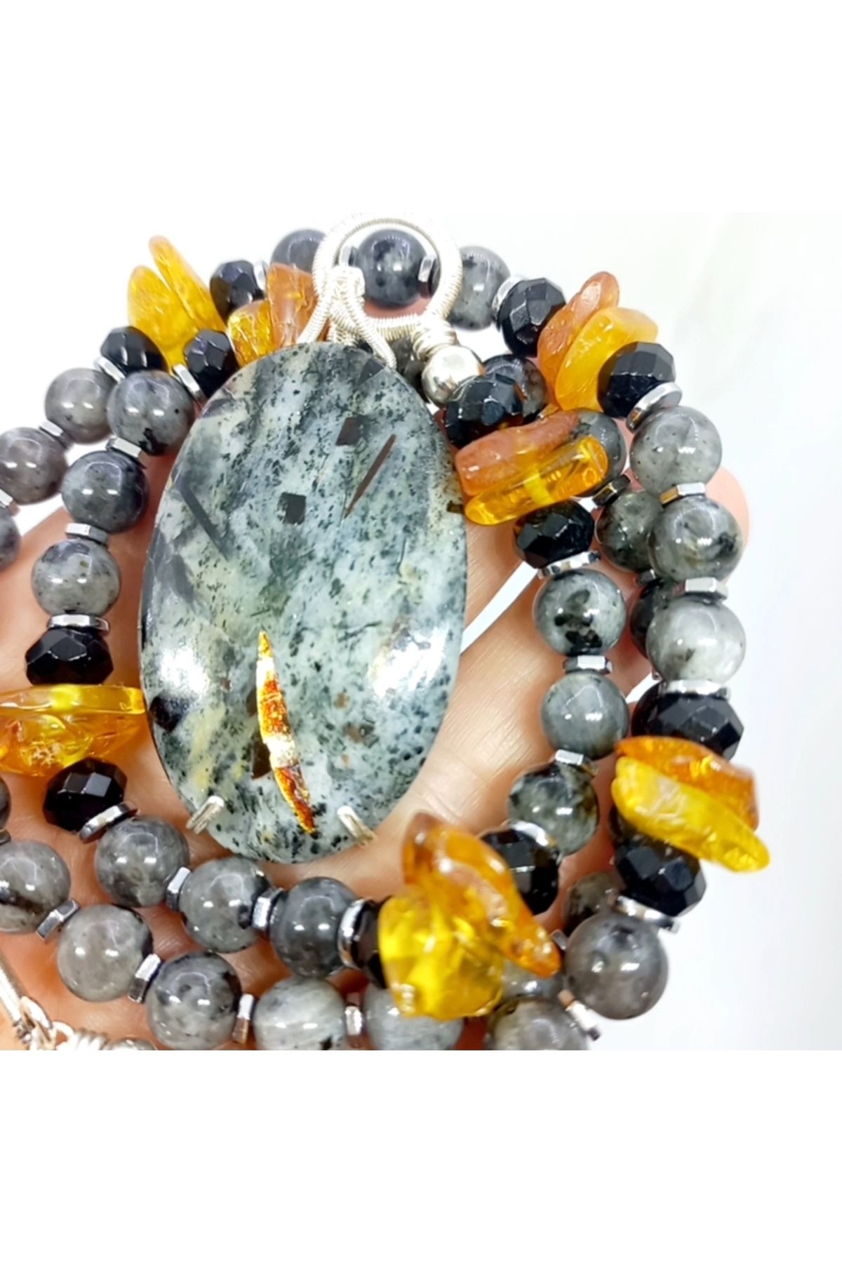 Sibelce 2302 Astrophyllite Spektrolit Oniks el yapımı kolye