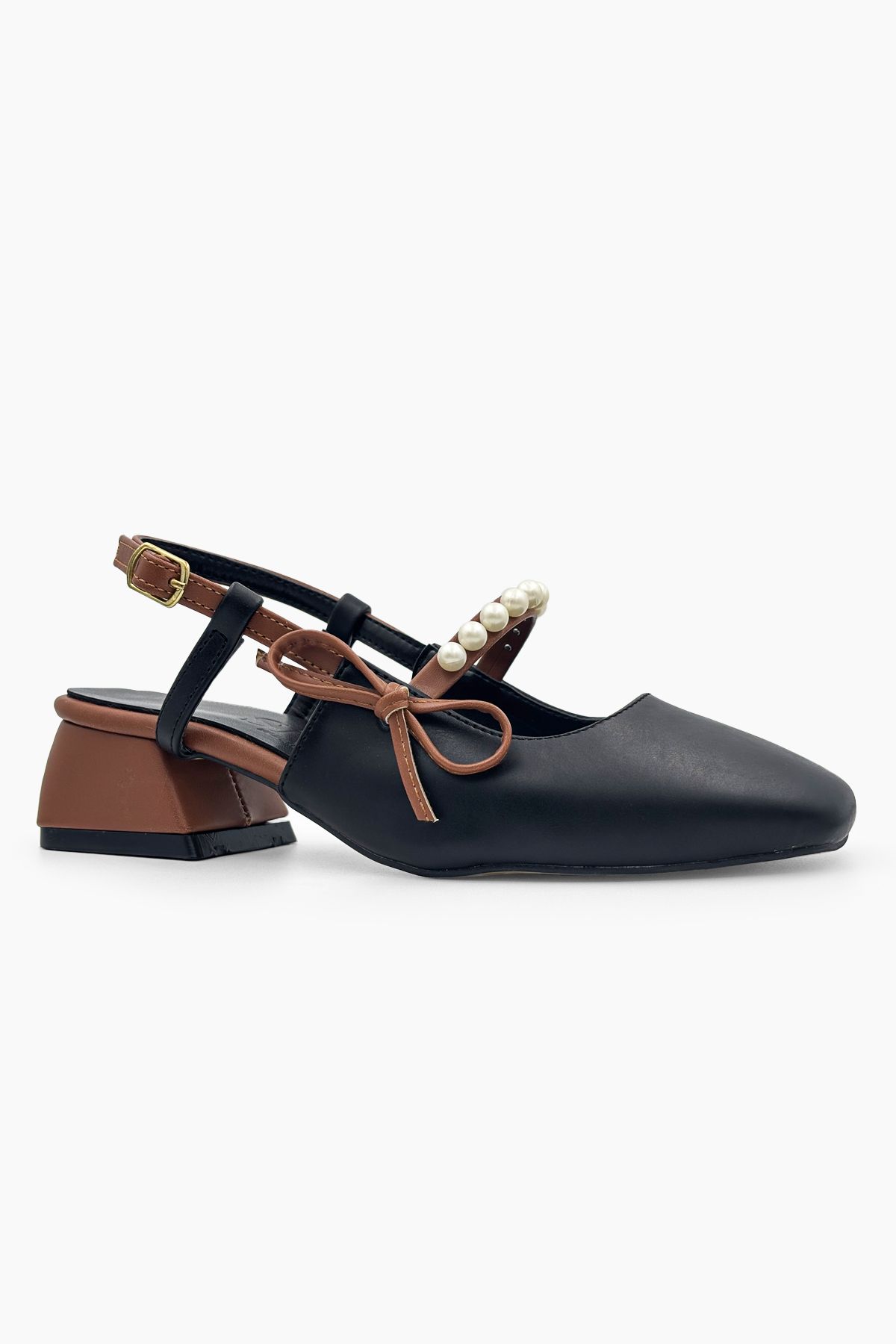 mybellashoes Kadın Ayakkabı İncili Fiyonk Detaylı Kadın Kısa Topuklu Arkası Açık Kadın Ayakkabı Babet Siyah Taba