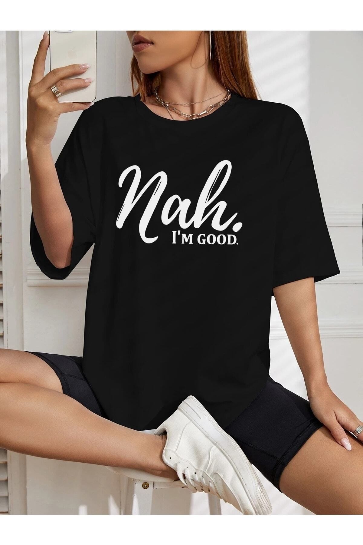 Hunors Sportswear & Company Kadın / Kız Nah Baskılı Siyah Oversize T-shirt Salaş Boyfirend