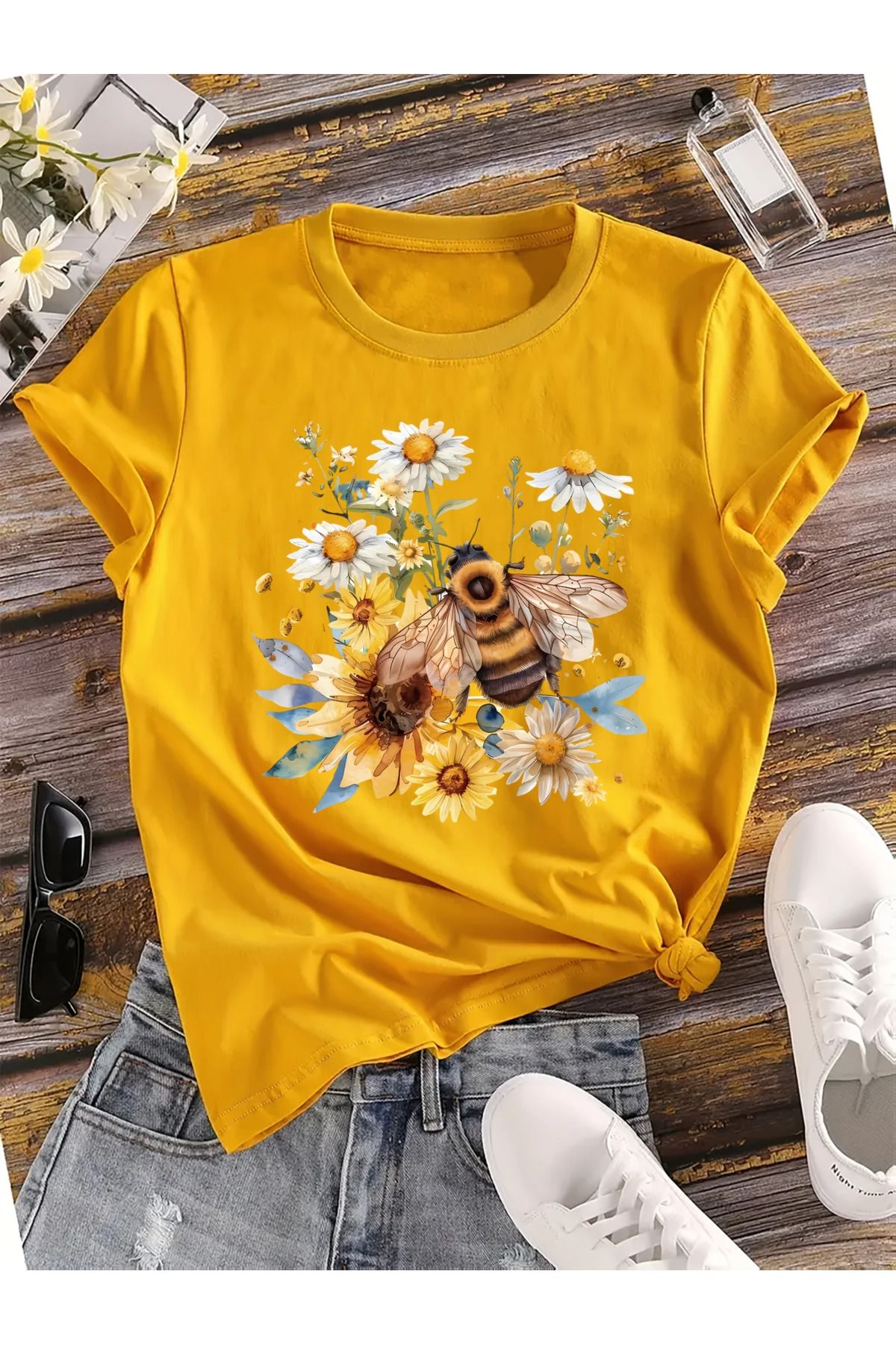LUNAVISTA Kadın Günlük Kısa Kollu Yuvarlak Yaka Polyester Dokuma Ayçiçeği Sinek Desenli Tişört