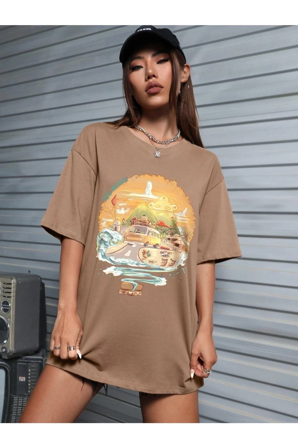 Hunors Sportswear & Company View Baskılı Kadın / Kız Oversize Kahverengi T-shirt