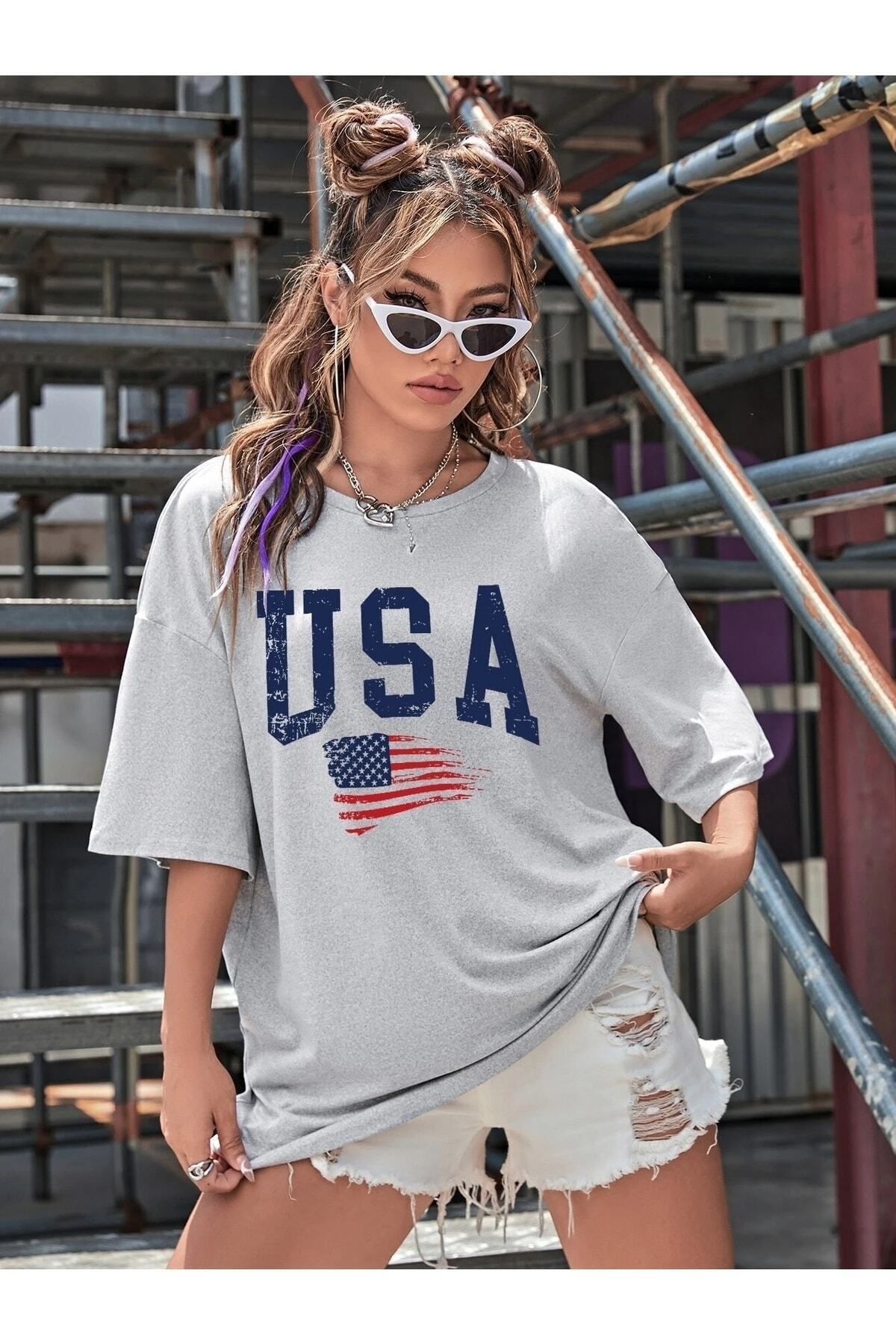 Boi Kadın / Kız Usa Amerika Baskılı Füme Oversize T-shirt Salaş Boyfirend