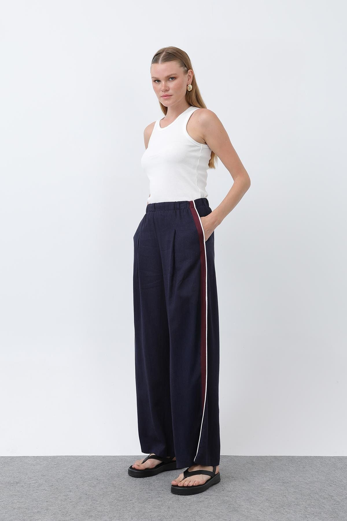 Soul Kadın Yanları Grogrenli Belden Lastikli Pantolon -32302PNT - NAVY-ECRU