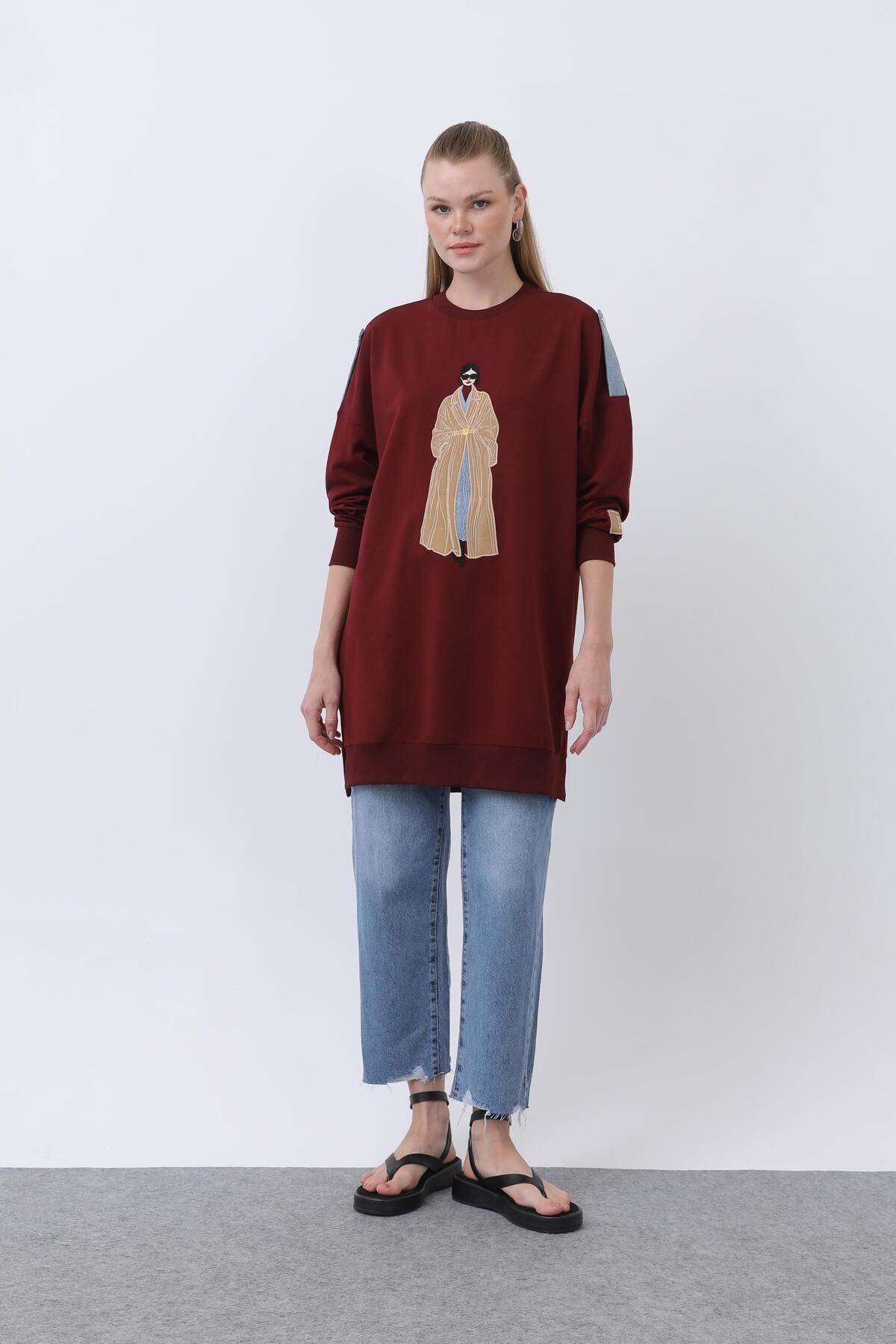 Puane Kadın Önü Nakışlı Ve Baskılı Tunik - 10655TUN - BURGUNDY