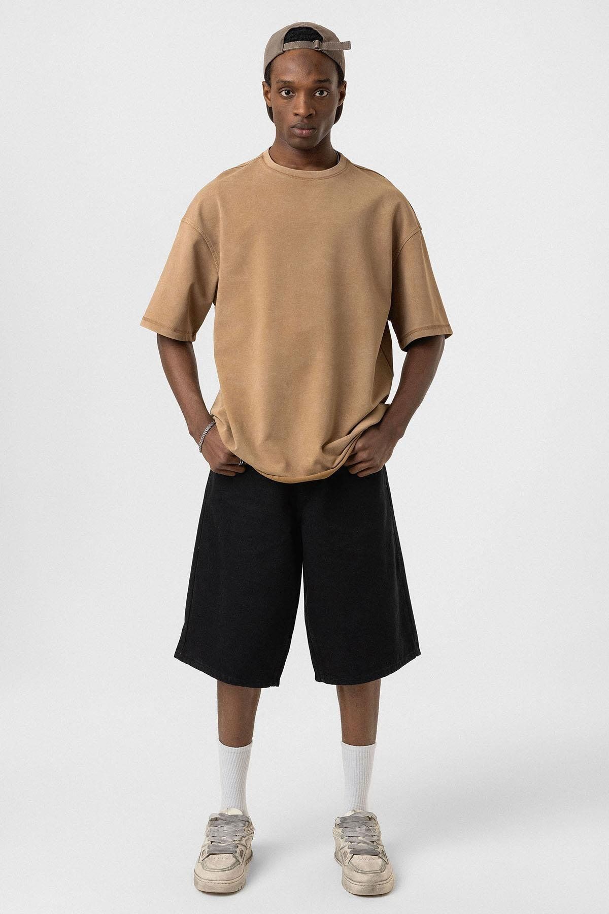 VAMOSCLO Yıkamalı Basic Oversize Tişört Camel