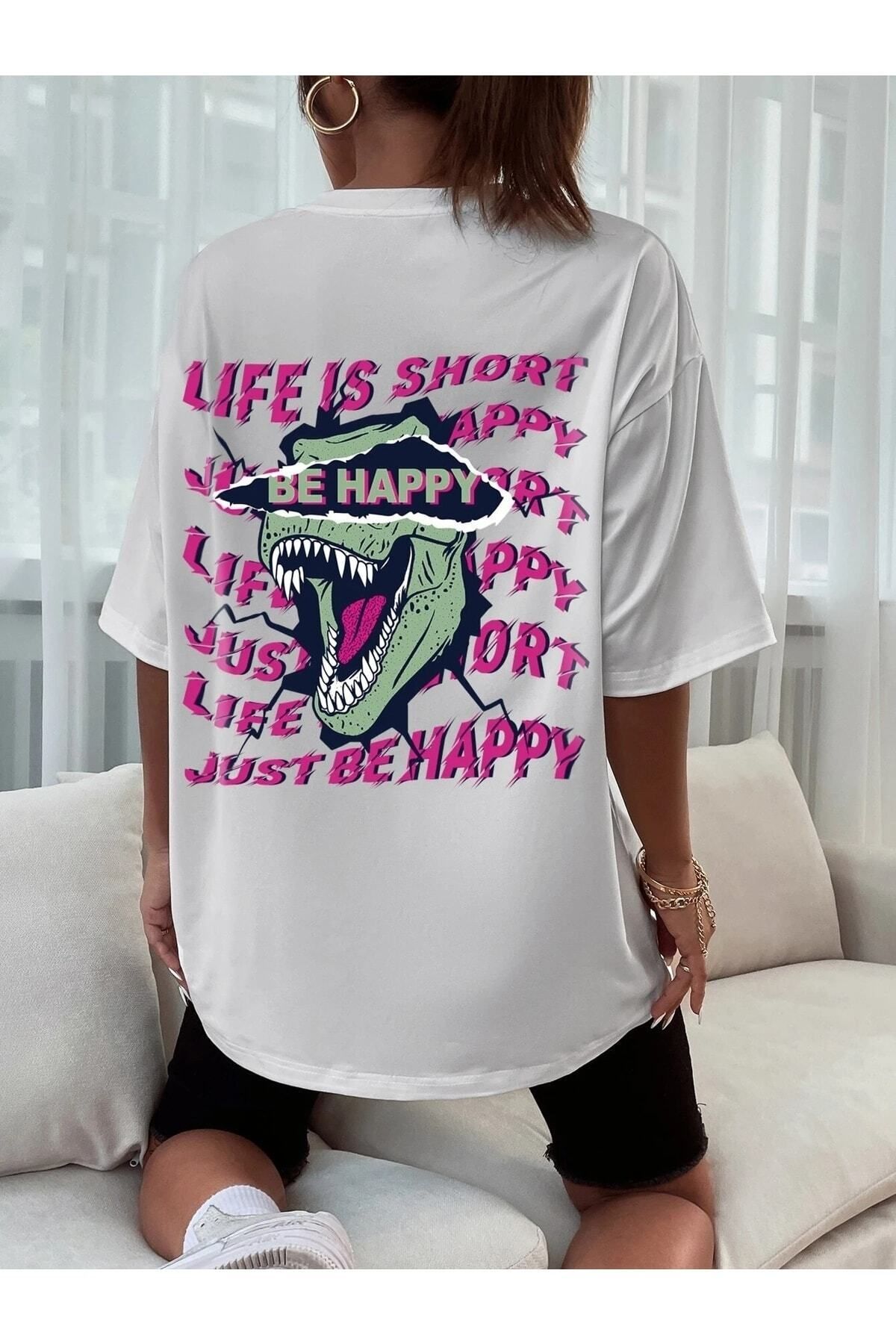 Hunors Sportswear & Company Kadın / Kız Beyaz Oversize T-shirt Be Happy Baskılı