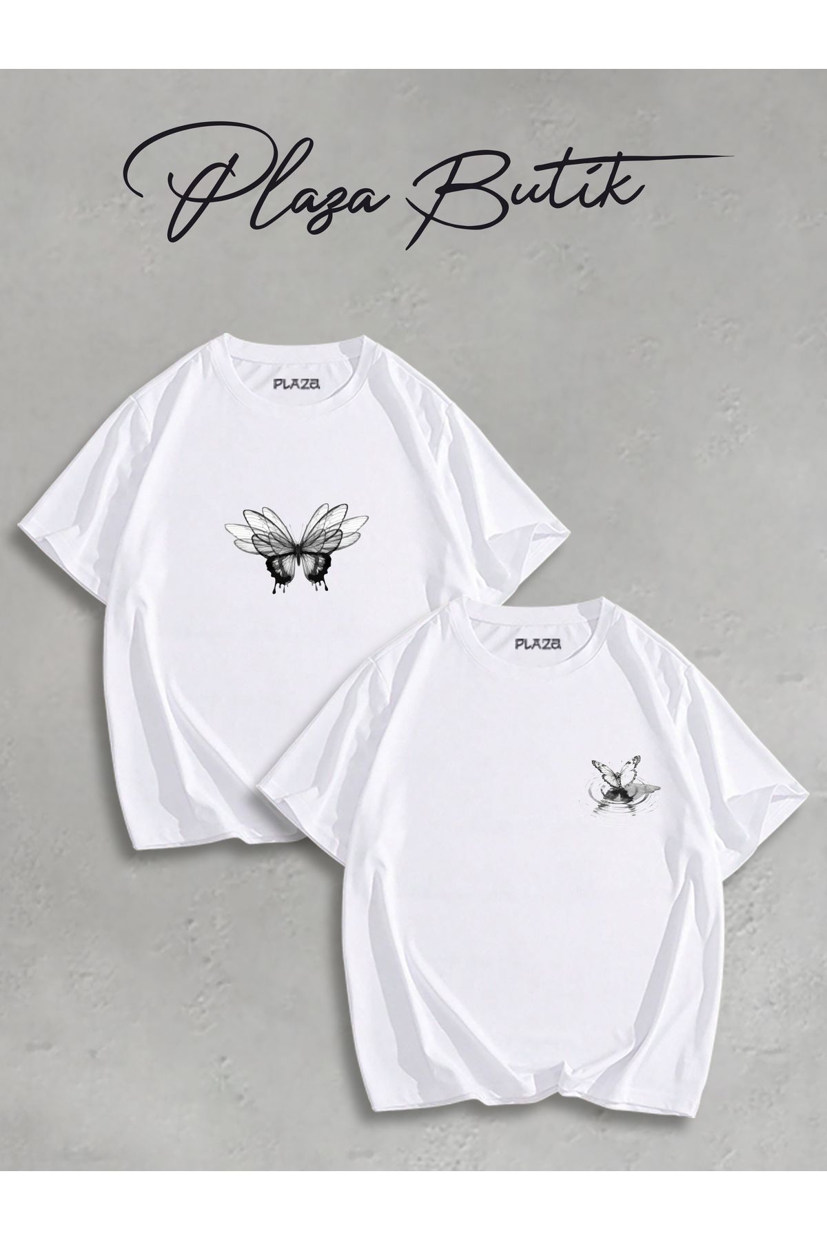 Plaza Butik 2'li Kelebek Baskılı Oversize T-shirt