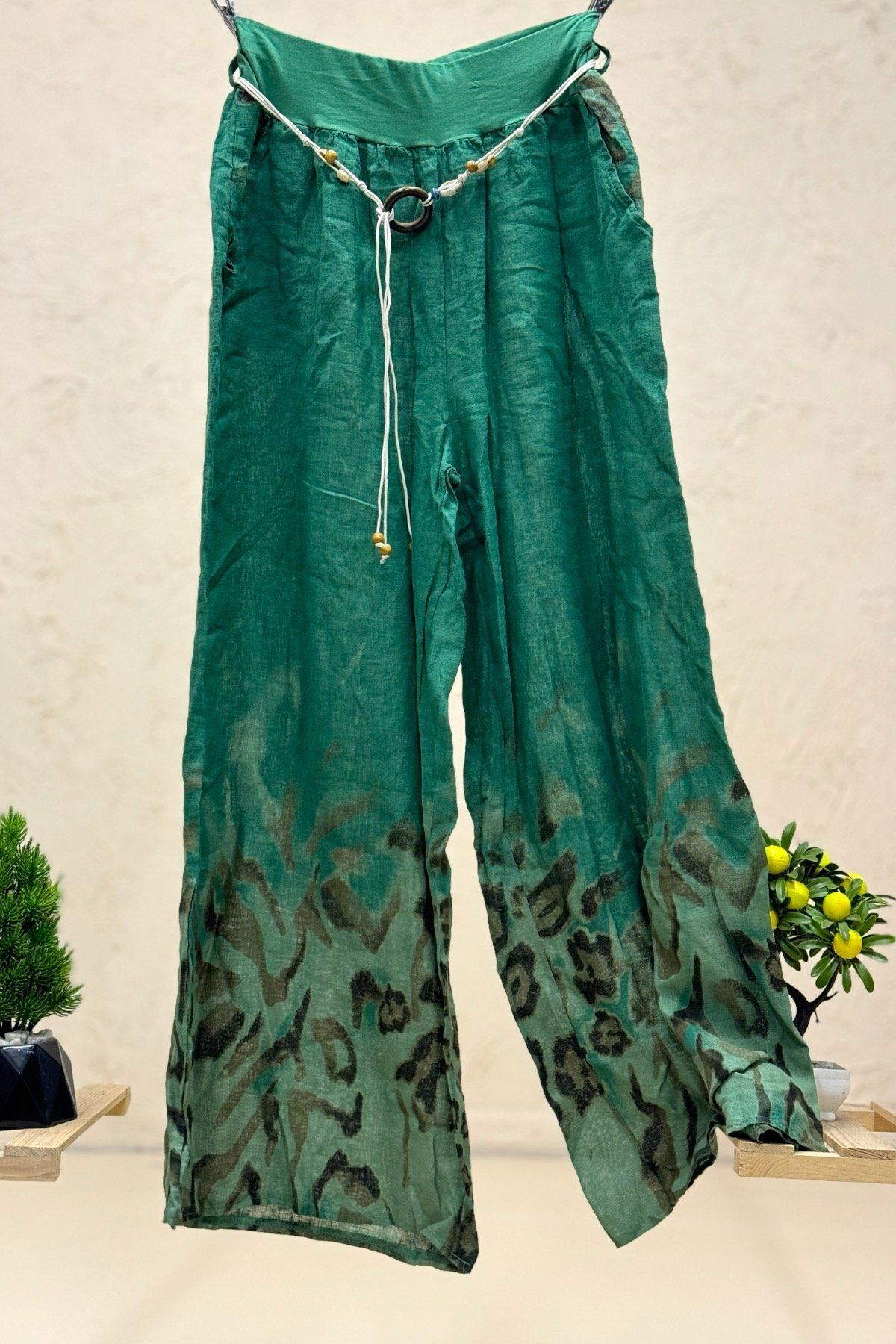 sahnemoda Paça Desenli Kemerli Bol Paça İthal Keten Pantolon