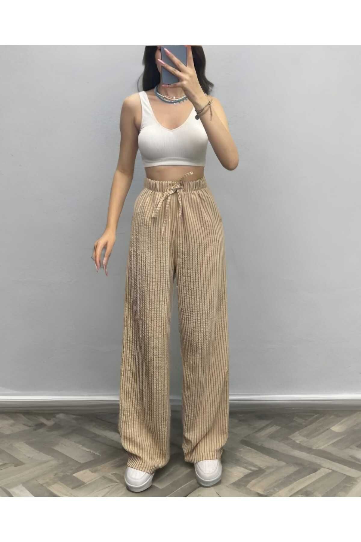 CNG MODA Unisex Su Yolu Çizgili Keten Karışımlı Torba Pantolon